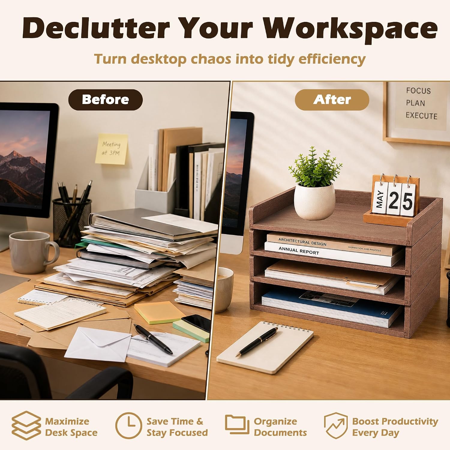PROLEE 4 Pack Stackable Paper Tray, Wooden Paper Tray Organizer with Letter Tray, Paper Holder for Desk, Desktop File Storage Rack for Study, Home and Office (Walnut)