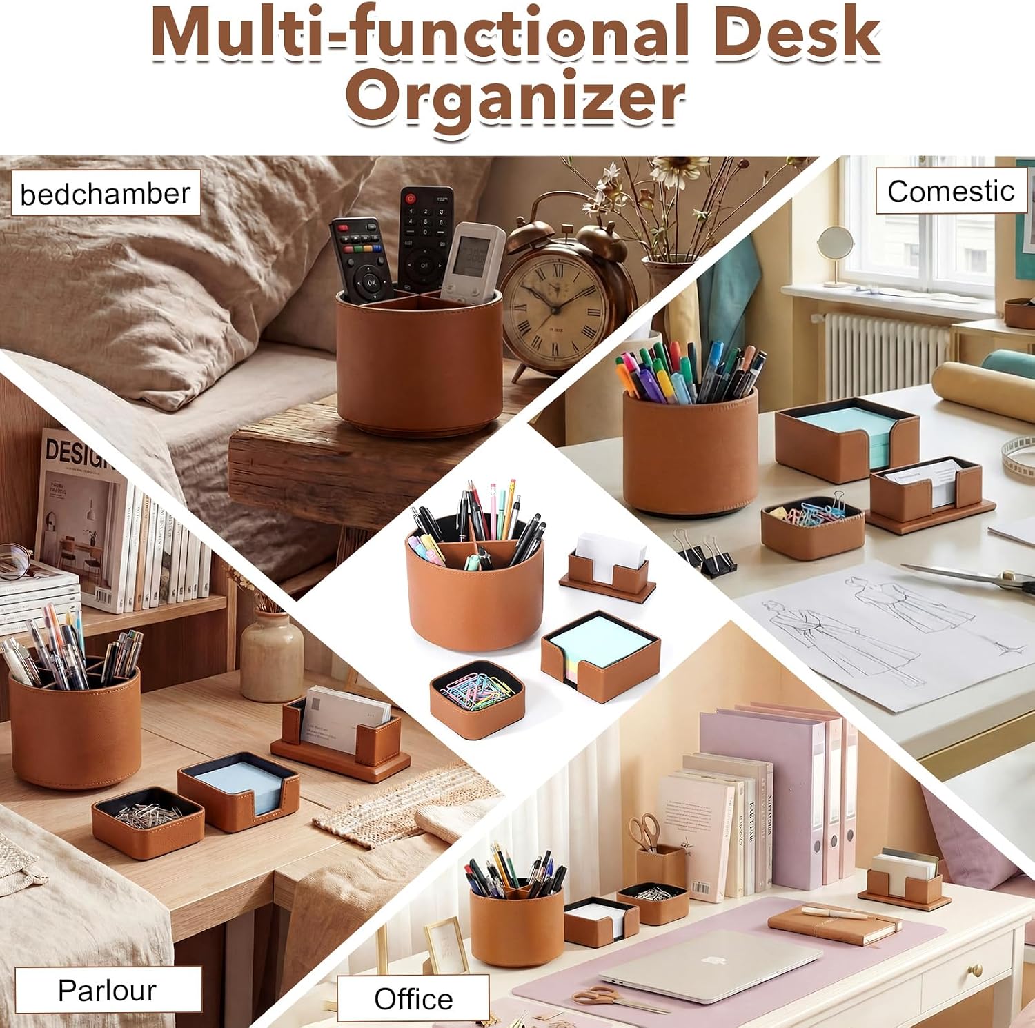 4 Pack Brown Rotating Leather Desk Organizer Set, Multi-Slot Storage for Pens Cards Notes, School Office Gift