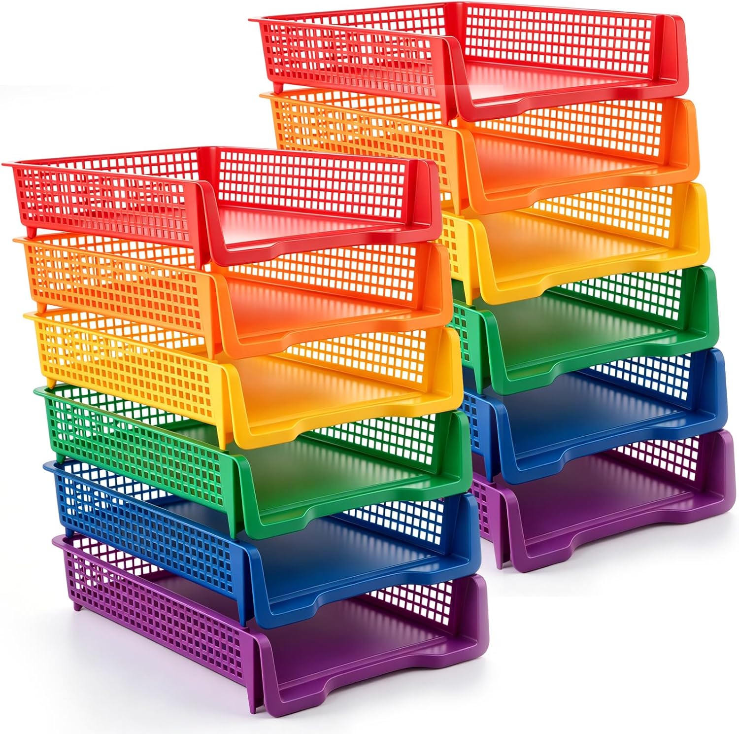 Geetery Set of 12 Plastic Trays for Teachers Turn in Trays Classroom Stackable Paper Tray Plastic Classroom Teachers Desk Letter Organizer Storage Baskets for Office, Desk, Home (Rainbow Color)