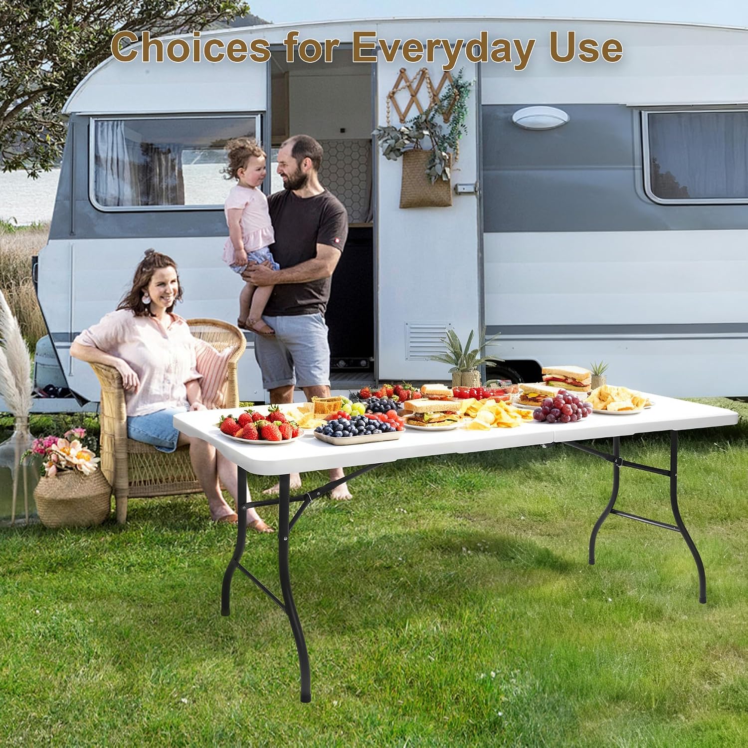 Heavy Duty 6ft Folding Table, Portable Fold-in-Half 6 Foot Foldable Table, Table of Utility Dining Indoor Outdoor with Carrying Handle for Camping Picnic and Party, White
