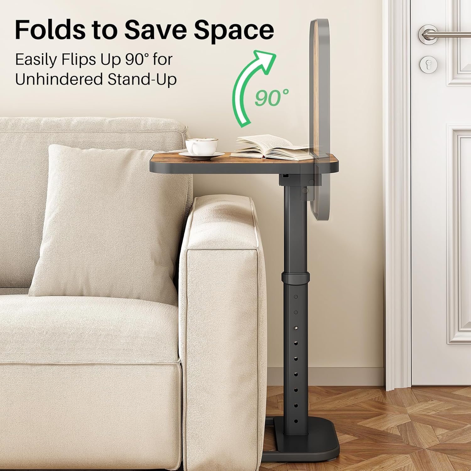 Adjustable Flip-Top C-Shaped TV Tray Table with Safe Metal Corners, Sofa Bed Side Table for Laptops & Meals
