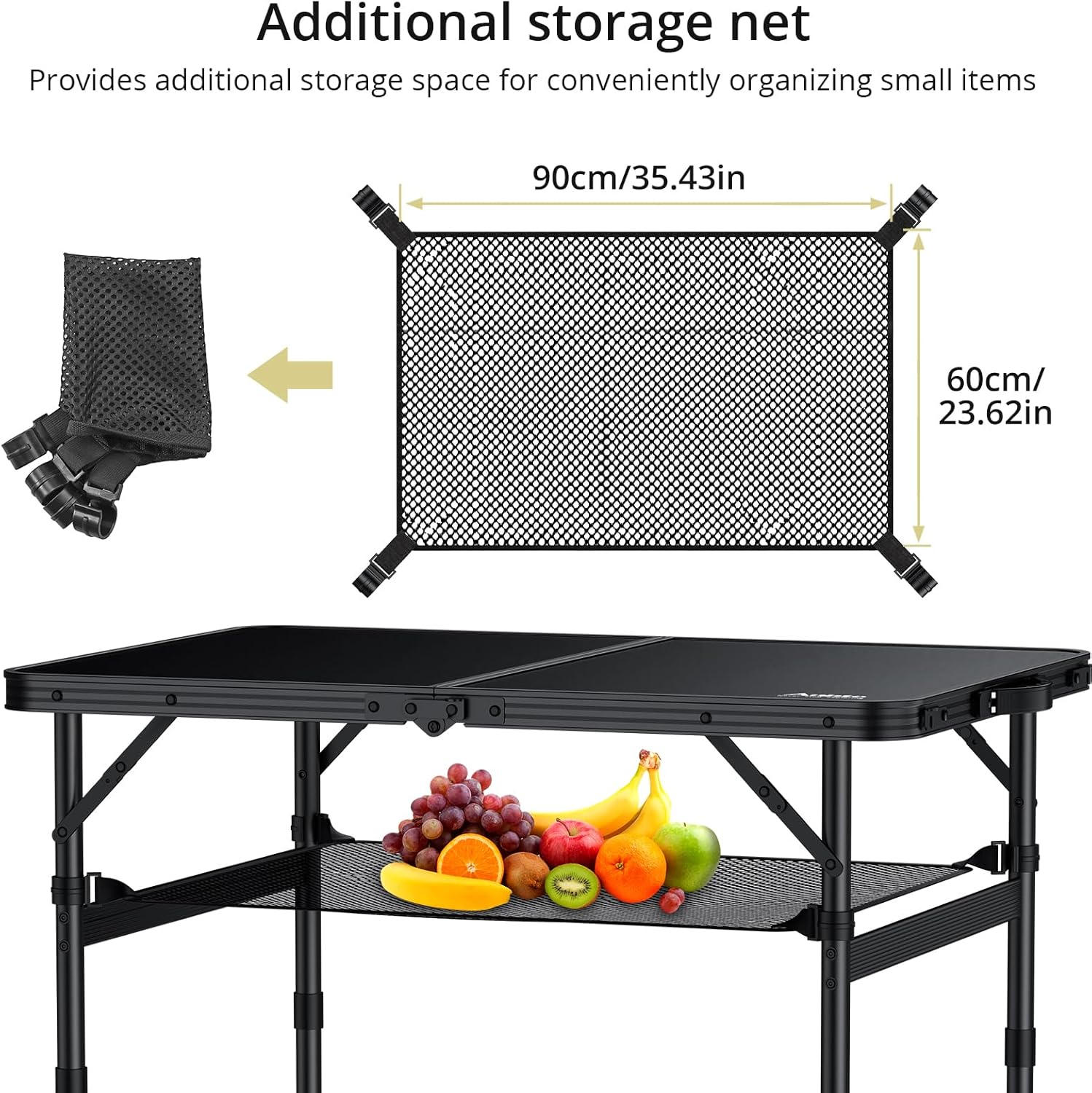 Anbte Folding Camping Table, 36" x 24" Portable Table Adjustable Height Max 28 inch Aluminum Folding Table with Storage Net, Lightweight, Portable Handle for Travel, Outdoor, Backyard (Black)