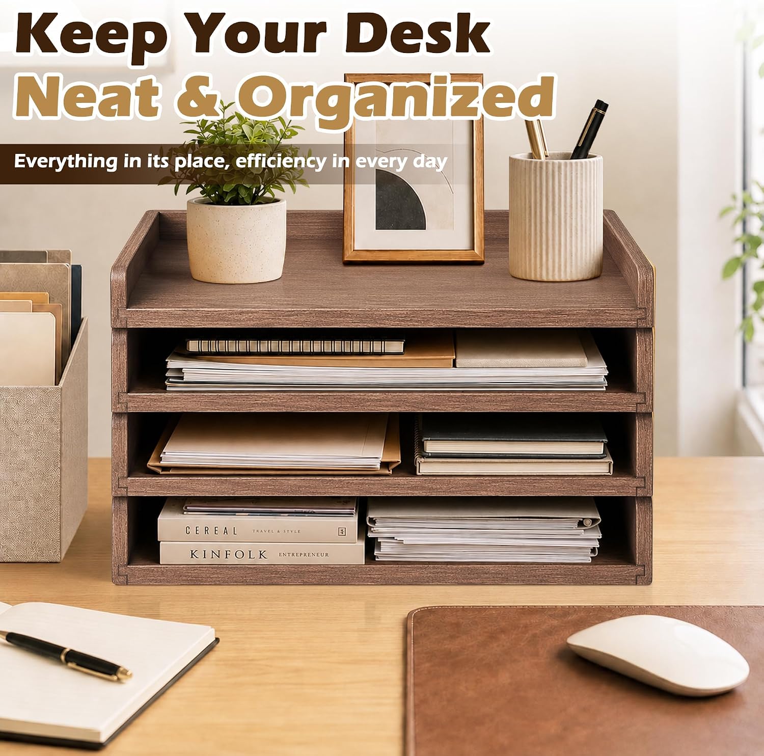 PROLEE 4 Pack Stackable Paper Tray, Wooden Paper Tray Organizer with Letter Tray, Paper Holder for Desk, Desktop File Storage Rack for Study, Home and Office (Walnut)