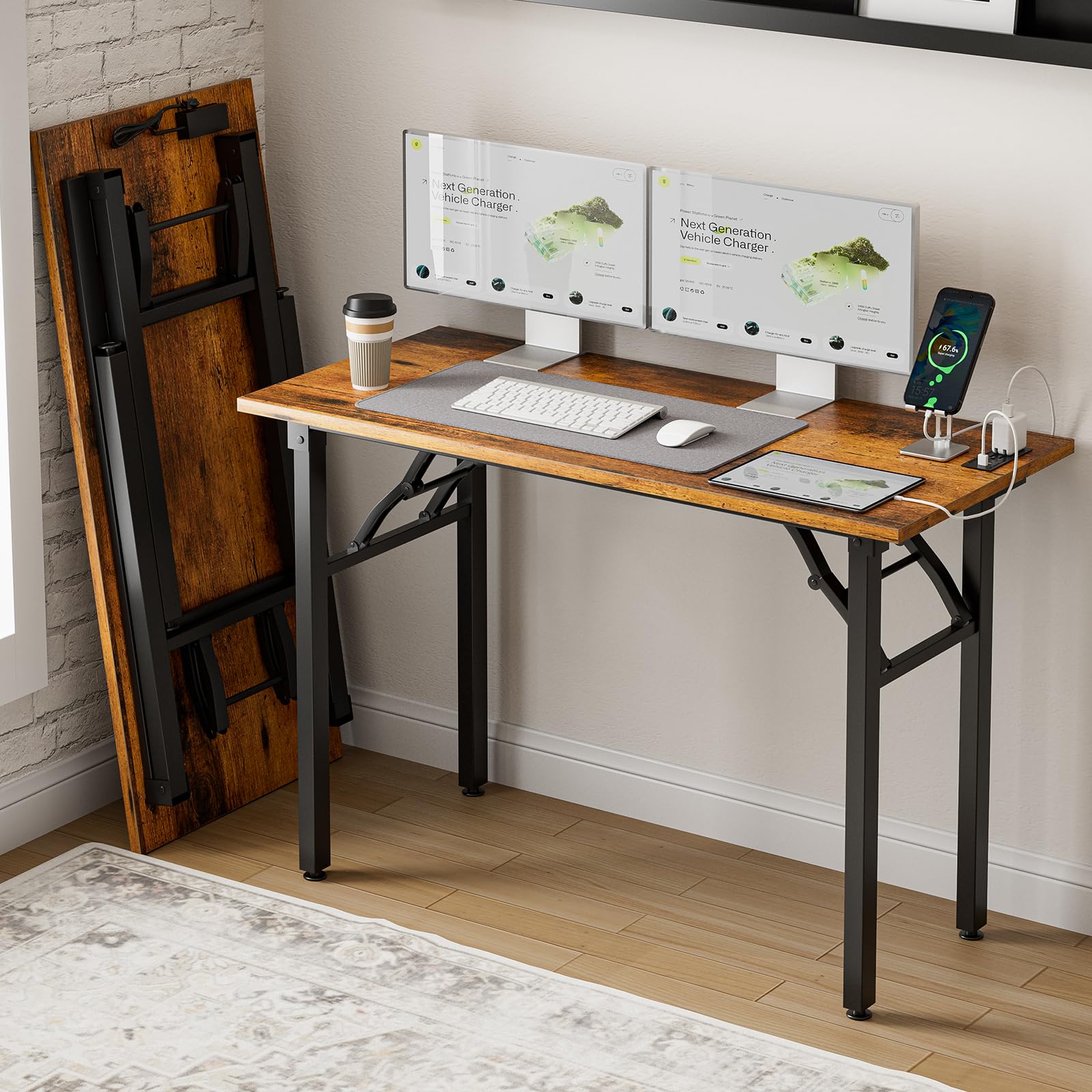 Frylr Small Folding Computer Desk – Portable 35.8 Inch Foldable Laptop Table, No-Assembly, Collapsible and Compact for Easy Storage, Lightweight for Small Spaces, Craft and Study Use, Dark Walnut