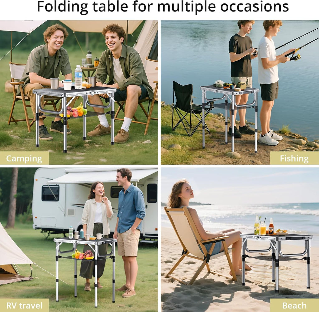Anbte Folding Camping Table, Aluminum 24" x 16" Adjustable Height Small Folding Table with Carrying Handle, Lightweight, Portable Camping Table Waterproof for Outdoor Indoor Picnic Beach BBQ (Black)