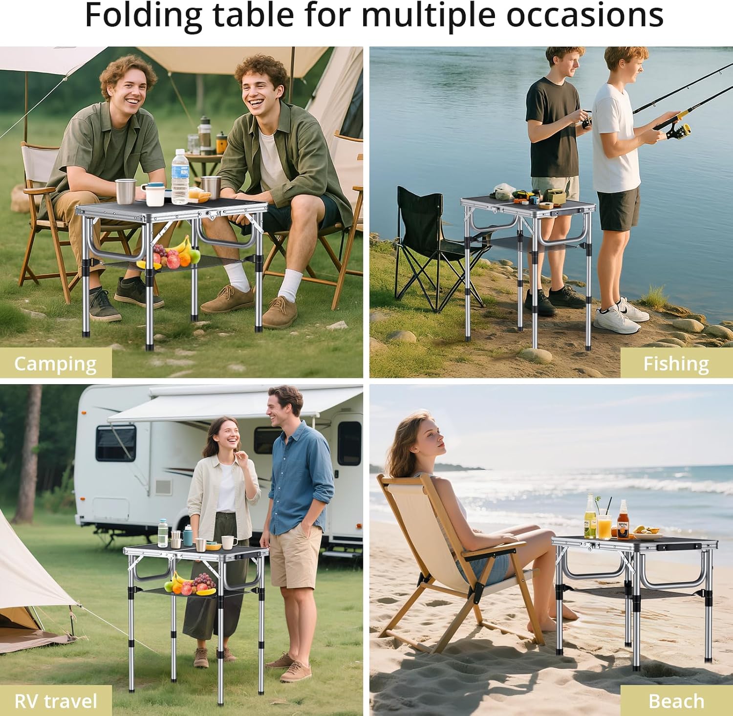 Anbte Folding Camping Table, Aluminum 24" x 16" Adjustable Height Small Folding Table with Carrying Handle, Lightweight, Portable Camping Table Waterproof for Outdoor Indoor Picnic Beach BBQ (Black)
