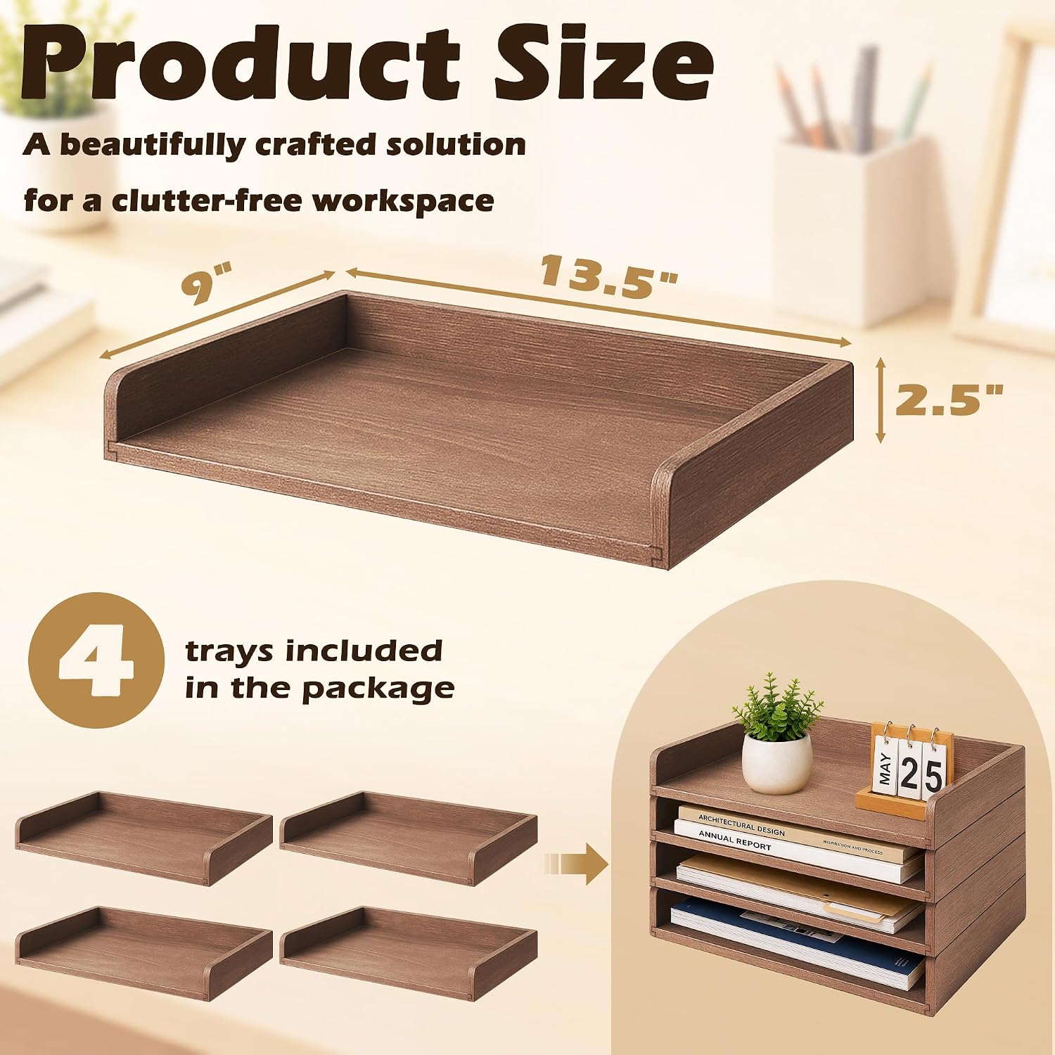 PROLEE 4 Pack Stackable Paper Tray, Wooden Paper Tray Organizer with Letter Tray, Paper Holder for Desk, Desktop File Storage Rack for Study, Home and Office (Walnut)