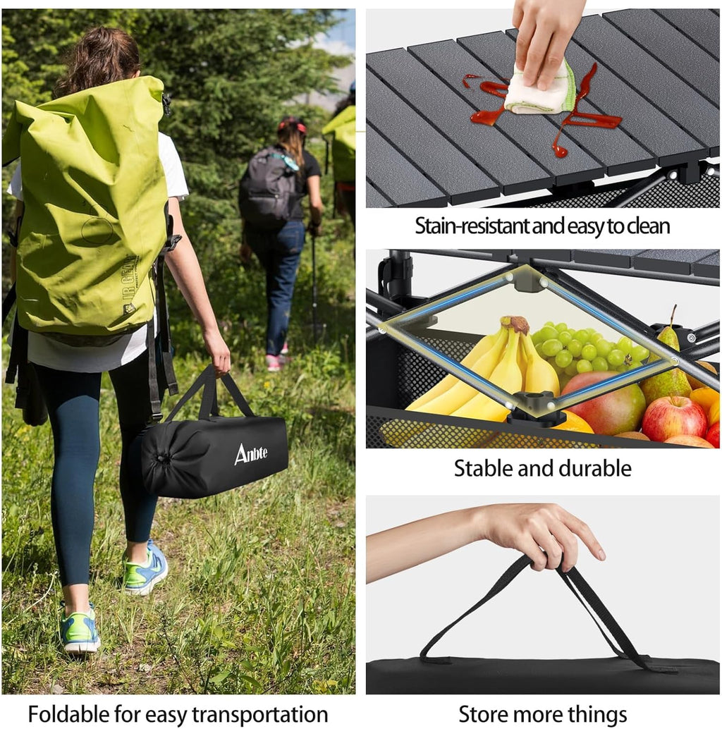Anbte 3ft Aluminum Roll Top Camping Table, 2 Adjustable Height Camping Table Folding with Storage Net & Bag Lightweight Roll Up Table for Tailgate Outdoor Backyard BBQ Patio Picnic, 32.2” X 16”, Black