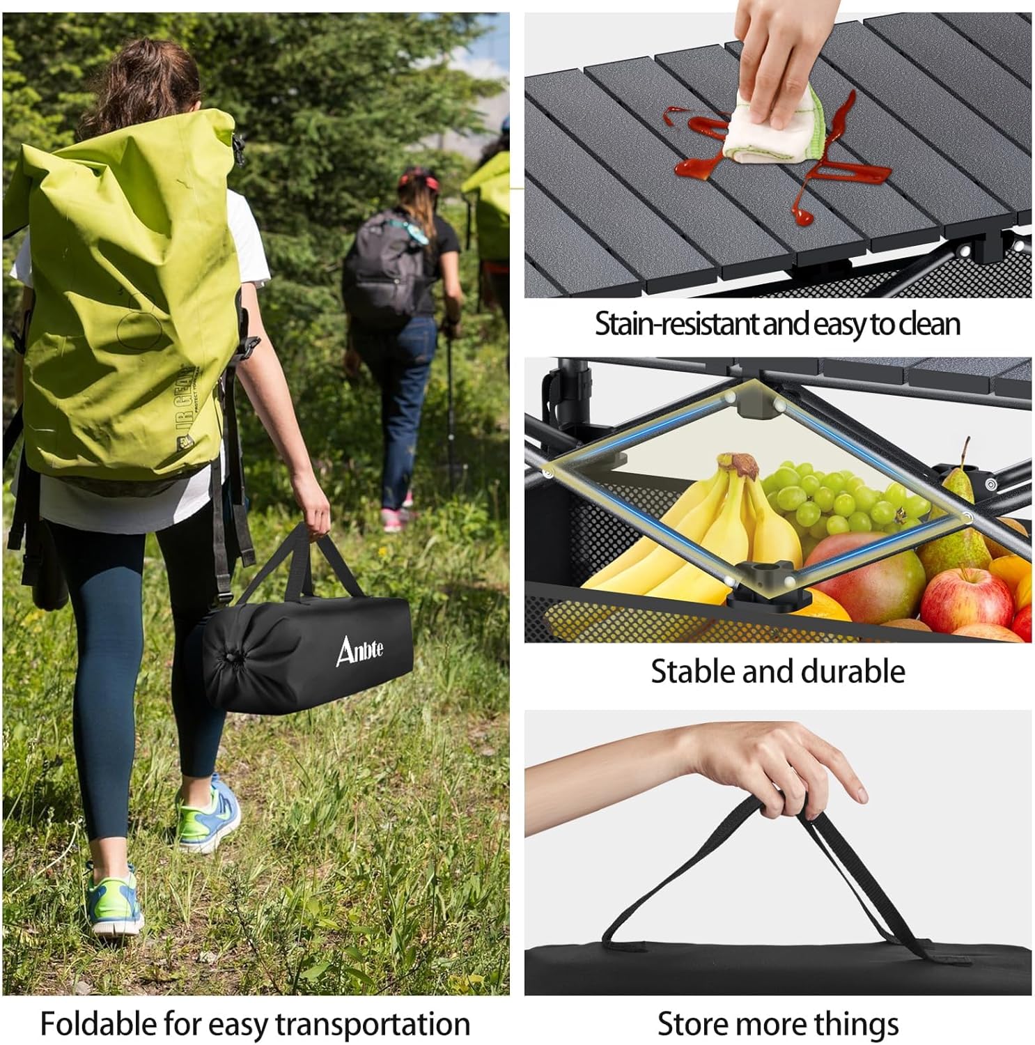 Anbte 3ft Aluminum Roll Top Camping Table, 2 Adjustable Height Camping Table Folding with Storage Net & Bag Lightweight Roll Up Table for Tailgate Outdoor Backyard BBQ Patio Picnic, 32.2” X 16”, Black