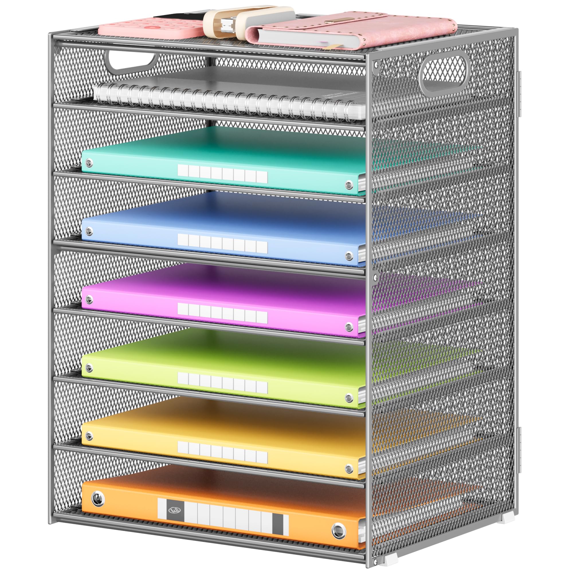 Lavatino 2 Pack 8-Tier Office Desk File Organizer, Letter Tray Paper Organizer with Handle, Including 5 Adjustable Slide Trays for Organizing Desk Workspace Accessories and Supplies (Pink Mesh)