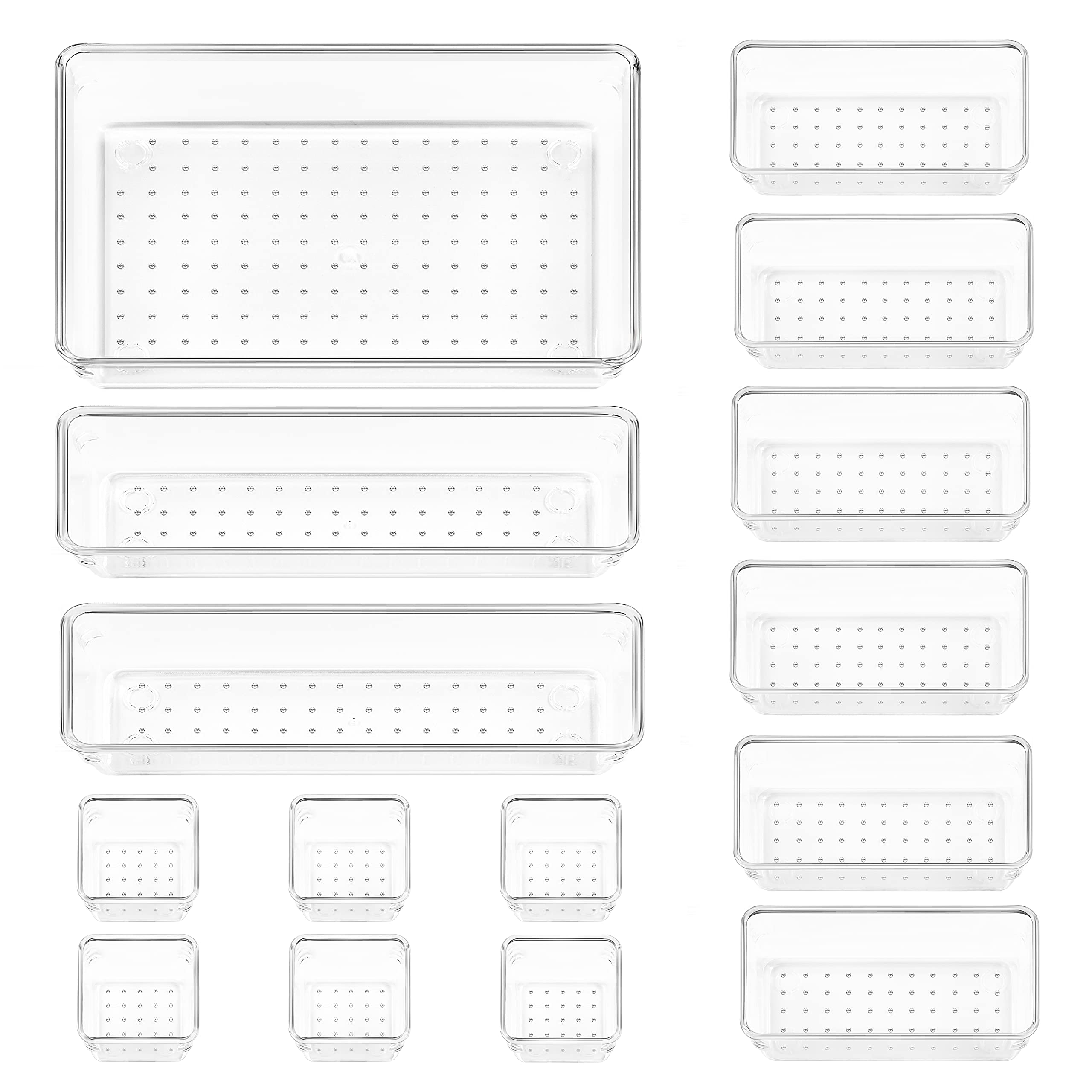 Vtopmart 28 PCS Clear Plastic Drawer Organizers Set, 4-Size Bathroom and Vanity Drawer Organizer Trays, Acrylic Storage Bins for Toiletries, Makeup, Cosmetic, Kitchen Utensils, Tool, Gadgets