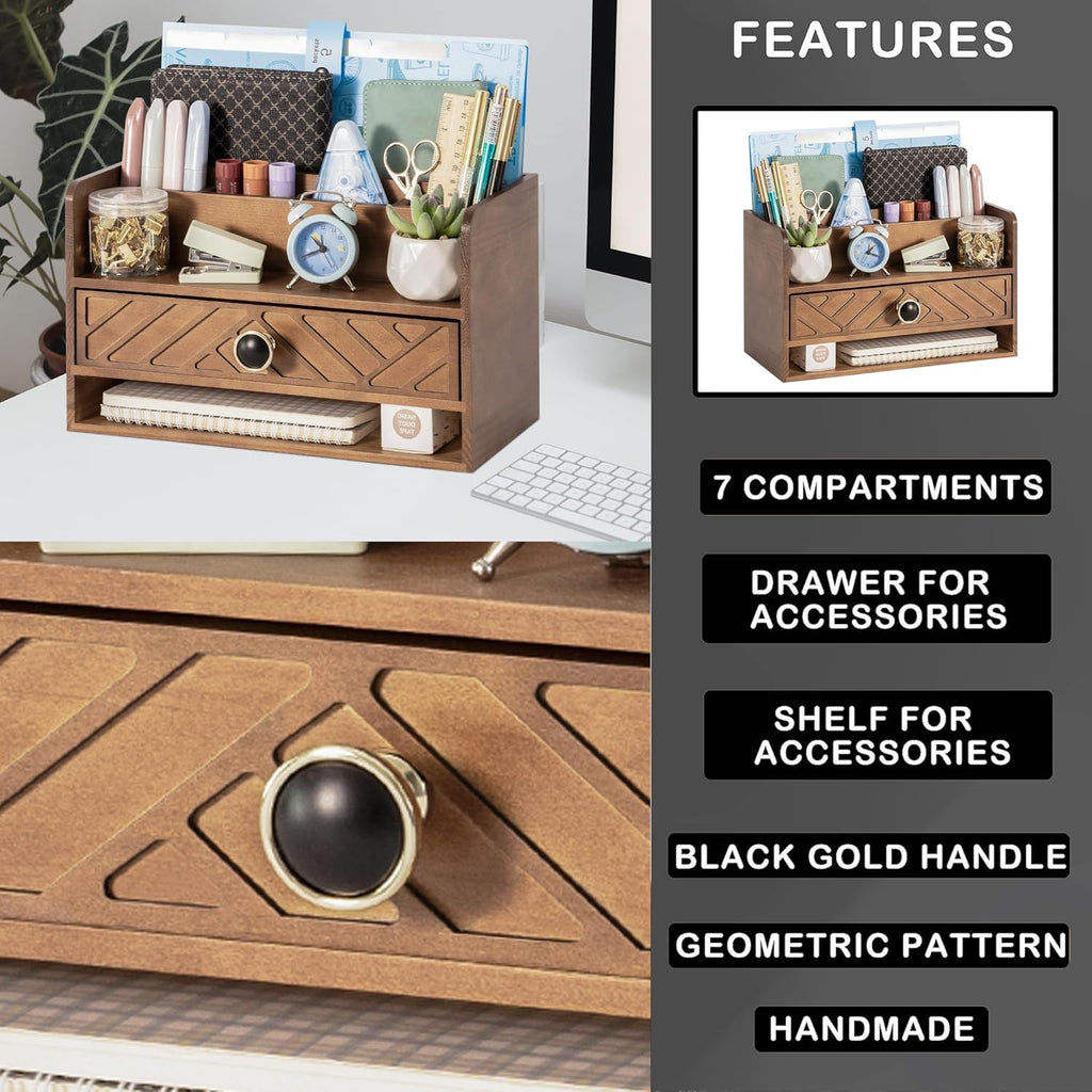 dreampossible Brown Wood Desk Organizer and Accessories with Drawer, Bill Mail Organizer and File Mail Holder for Office Supplies, Desk Accessories & Workspace Organizers