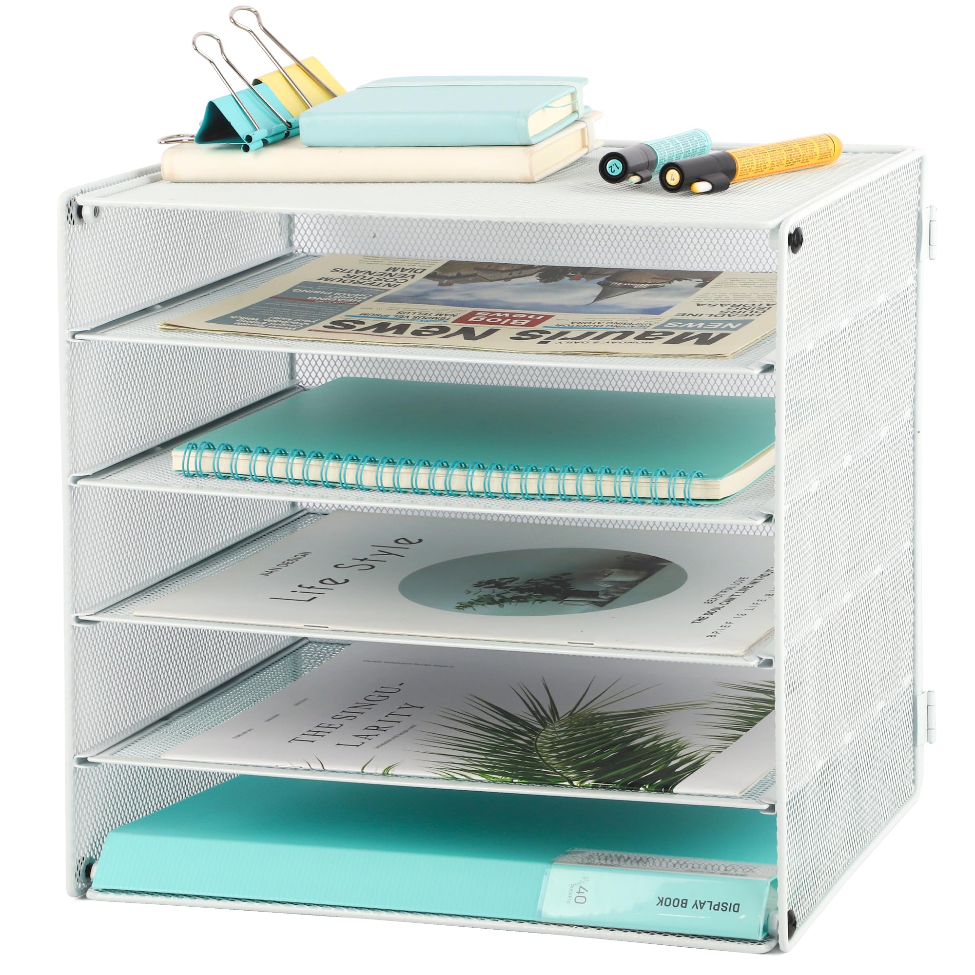 EASEPRES 5 Slot Mesh Desk Organizer Tray, File Paper Letter Folder Holder Desktop Paper Sorter Mail Organization Rack Storage Accessories, for Office Home School Classroom, Black, 2 Pack