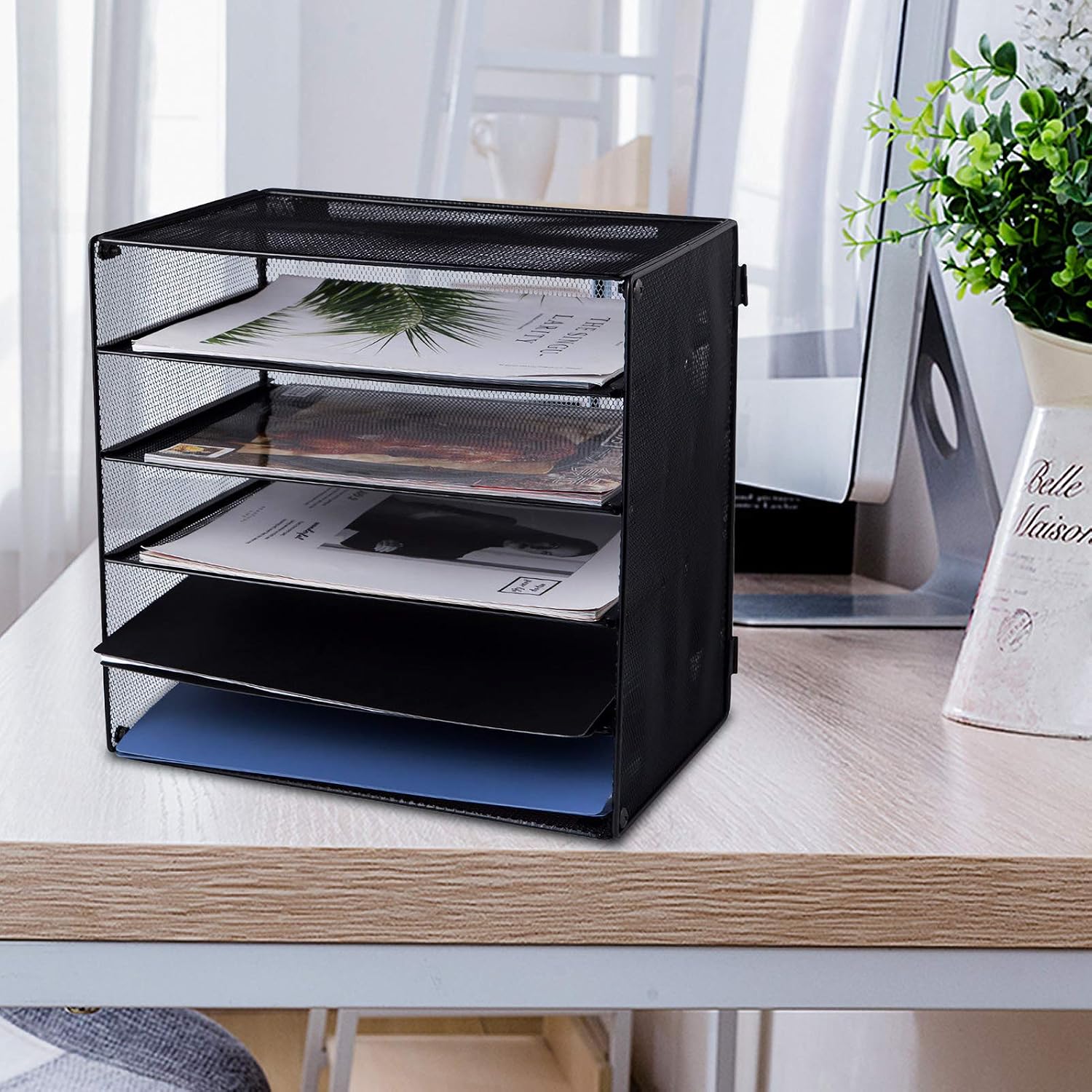 EASEPRES 5 Slot Mesh Desk Organizer Tray, File Paper Letter Folder Holder Desktop Paper Sorter Mail Organization Rack Storage Accessories, for Office Home School Classroom, Black, 2 Pack