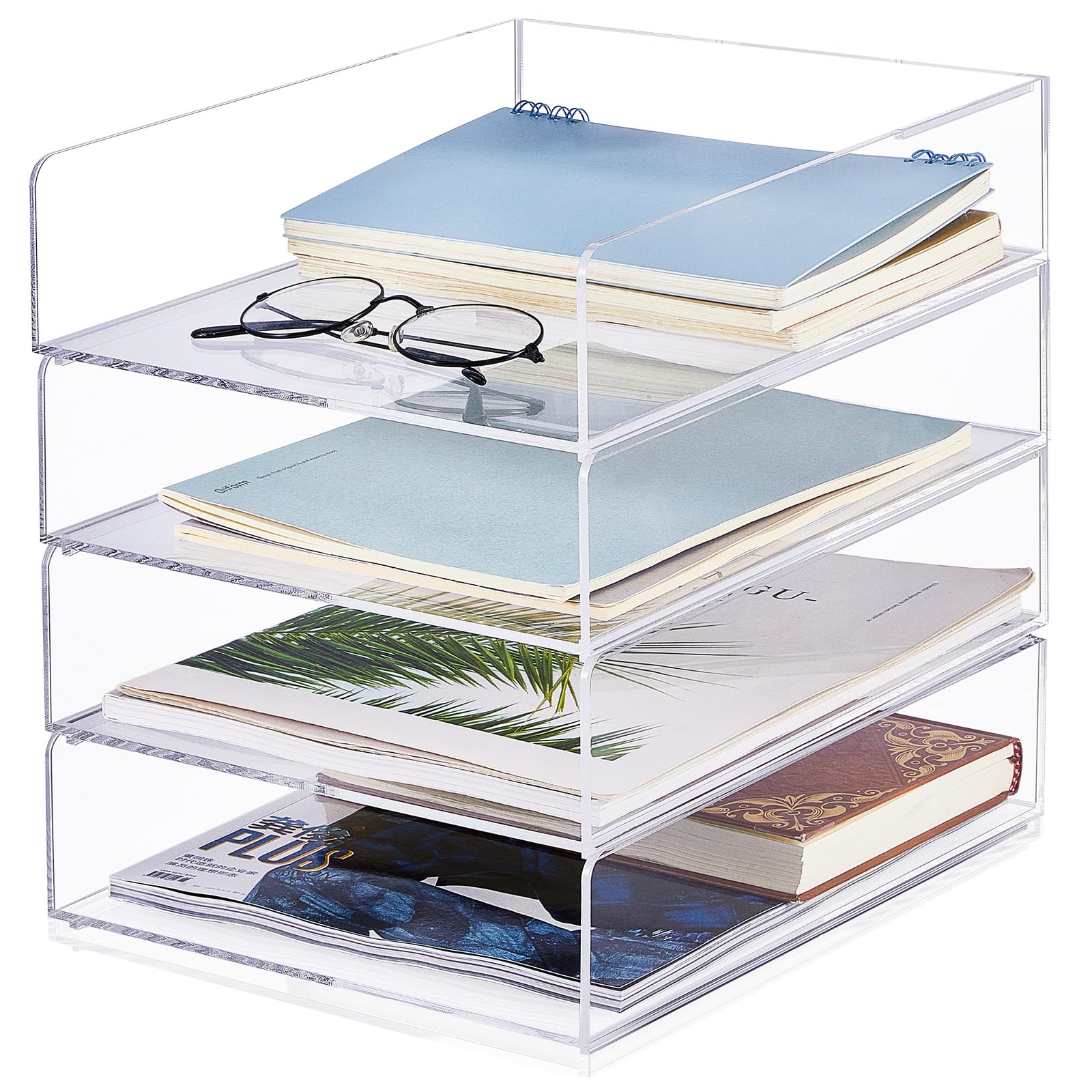 Harloon 4 Tier Paper Organizer Letter Tray Acrylic Desk File Organizer Heavy Duty Stackable Documents Clear Letter Paper Holder Sorter Office Tray for A4, Office Classroom Home File Pad Notebooks