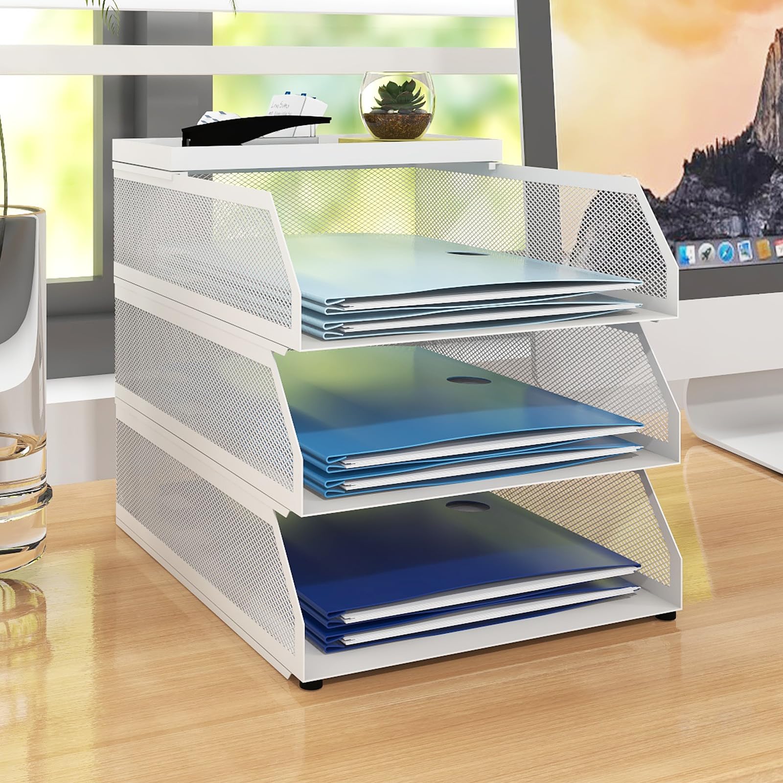 Natwind 4-Tier Stackable Paper Tray, Metal Mesh Desktop Organizer, Paper Sorter, Letter Trays,File Document Storage Rack for for Home, Office, School (White)