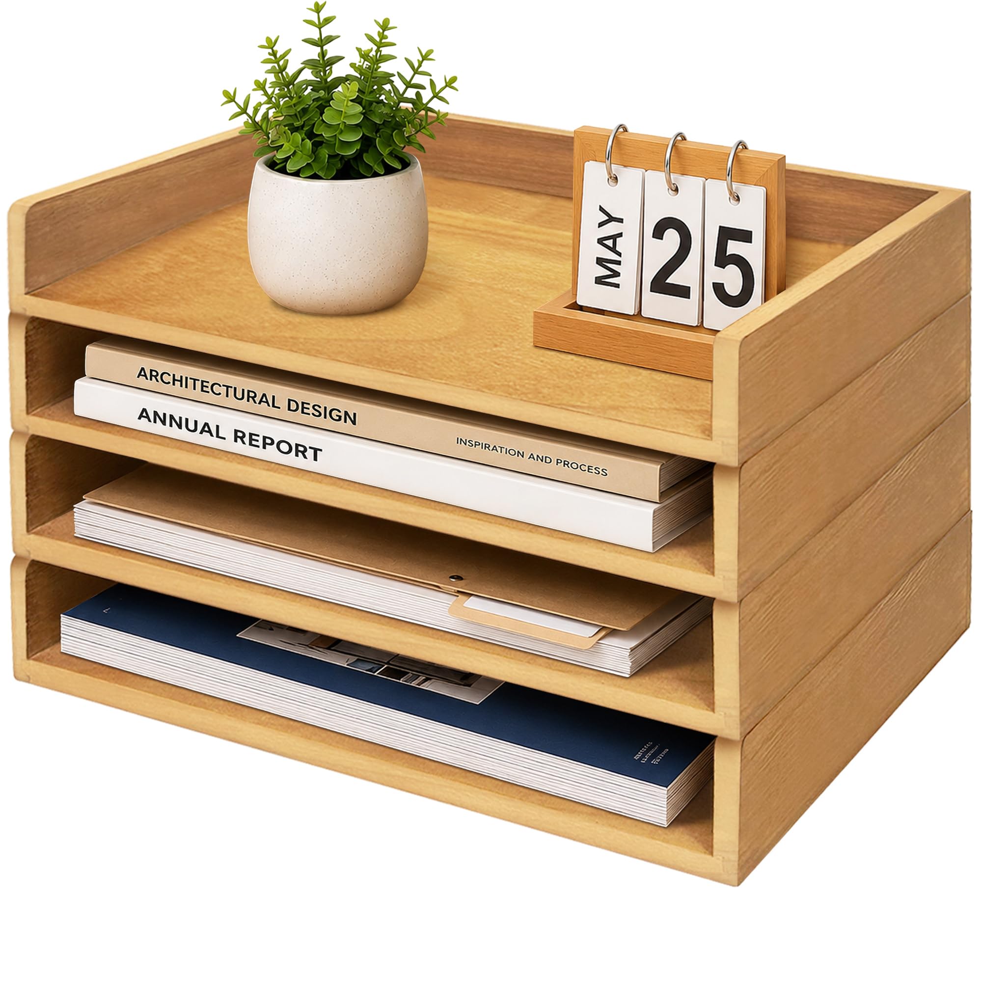 PROLEE 4 Pack Stackable Paper Tray, Wooden Paper Tray Organizer with Letter Tray, Paper Holder for Desk, Desktop File Storage Rack for Study, Home and Office (Walnut)