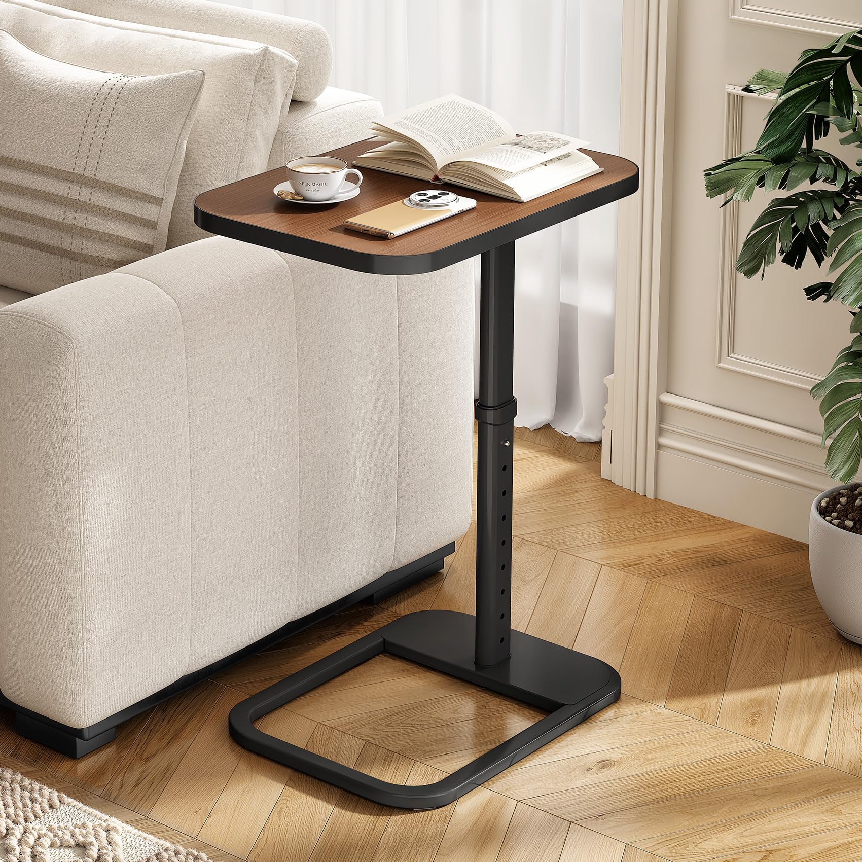 Adjustable Flip-Top C-Shaped TV Tray Table with Safe Metal Corners, Sofa Bed Side Table for Laptops & Meals