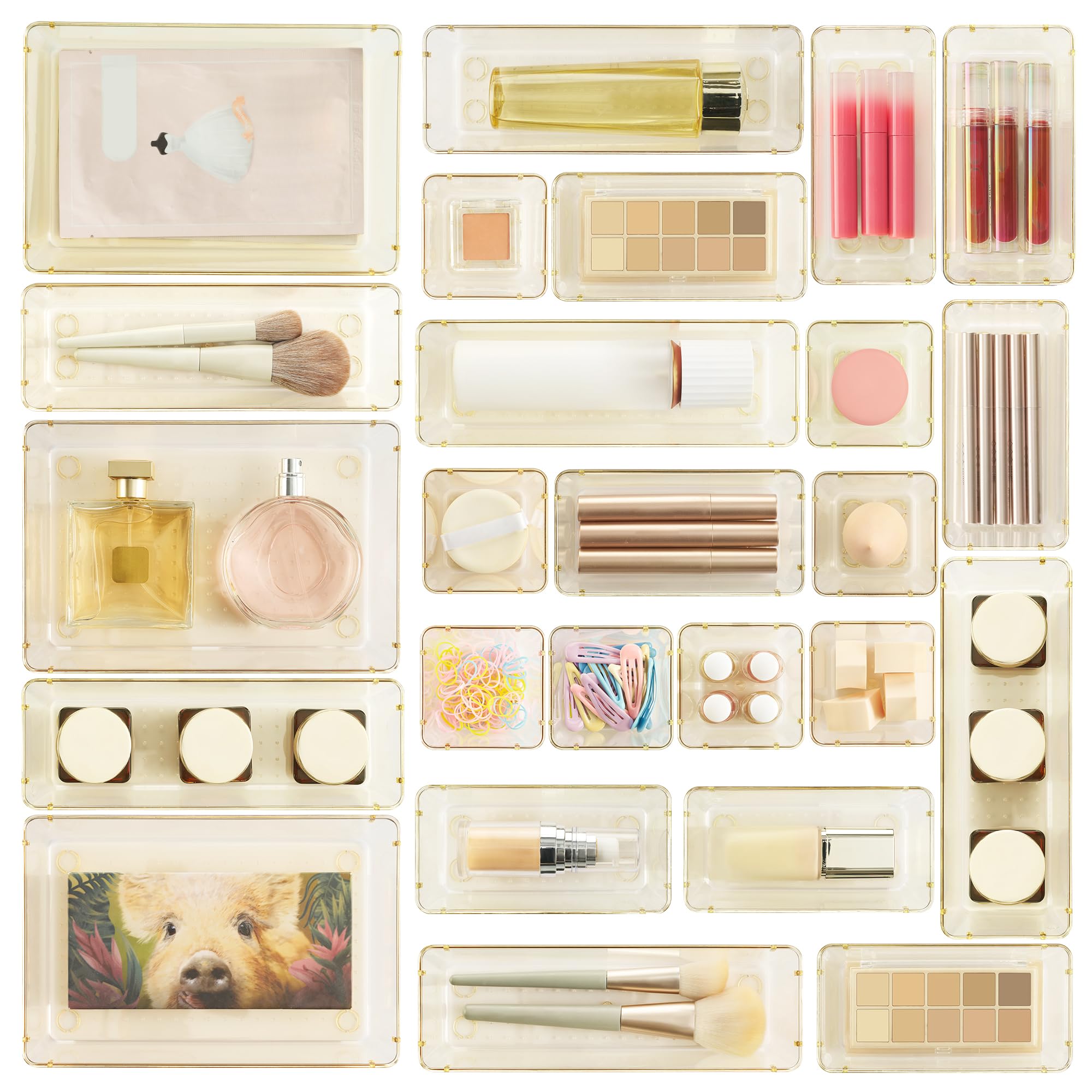 Vtopmart 28 PCS Clear Plastic Drawer Organizers Set, 4-Size Bathroom and Vanity Drawer Organizer Trays, Acrylic Storage Bins for Toiletries, Makeup, Cosmetic, Kitchen Utensils, Tool, Gadgets