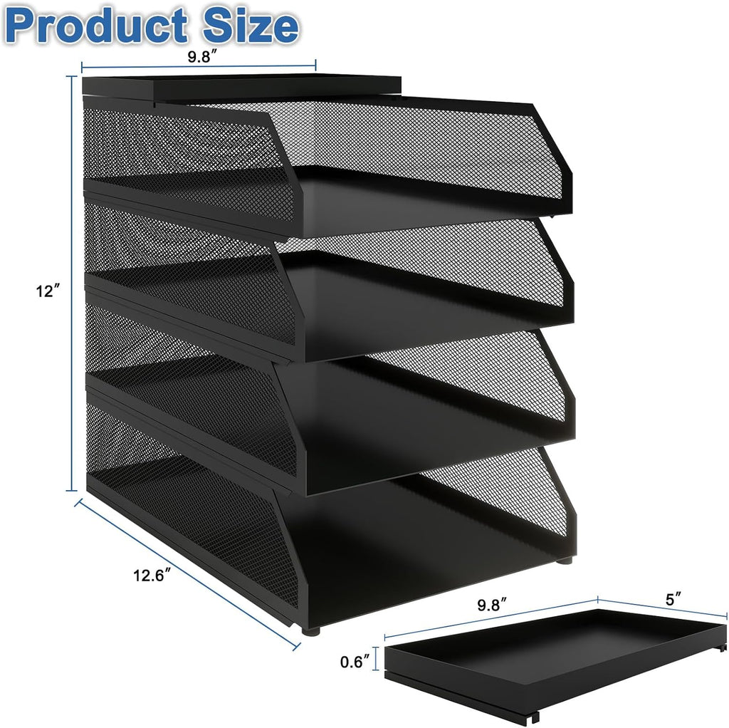 Natwind 4-Tier Paper Organizers,Desk Organizer,Stackable Paper Tray, Desk Accessories,Metal Mesh Desktop Organizer,Letter Trays,File Document Storage Rack for for Home, Office, School (Black)