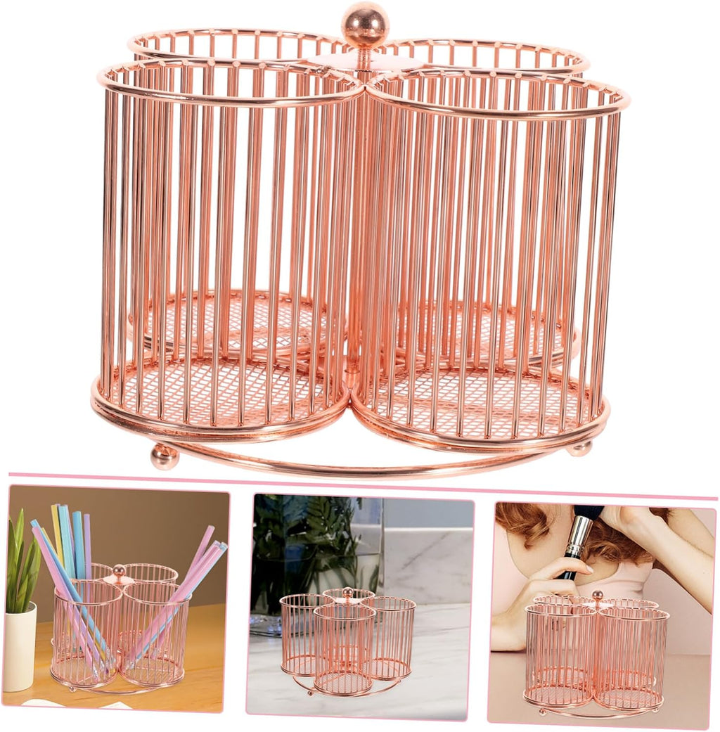 TEHAUX Rotary Desk Stationery Organizer Metal Makeup Brush Pen Pencil Holder Office Desk Stationery Storage