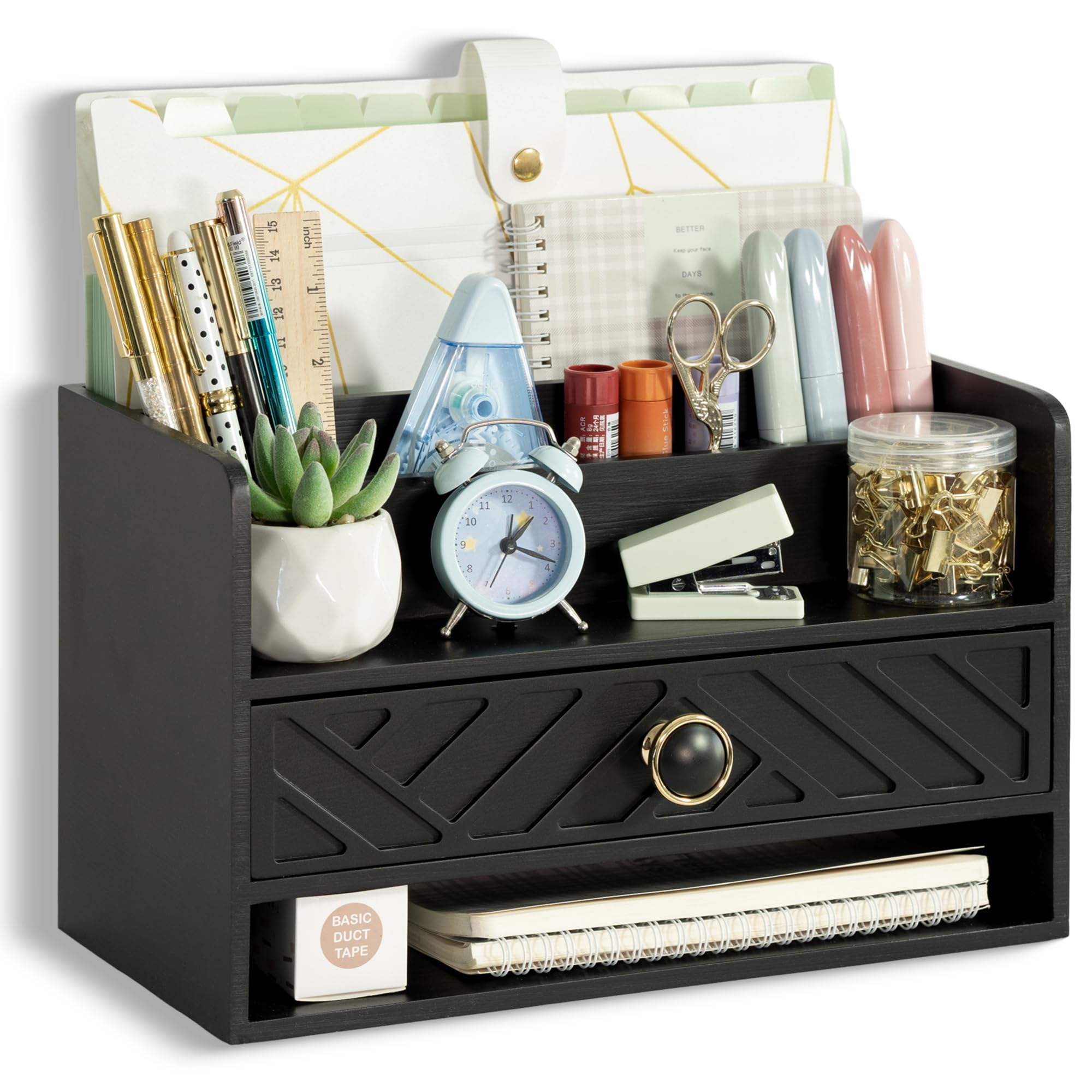 dreampossible Brown Wood Desk Organizer and Accessories with Drawer, Bill Mail Organizer and File Mail Holder for Office Supplies, Desk Accessories & Workspace Organizers
