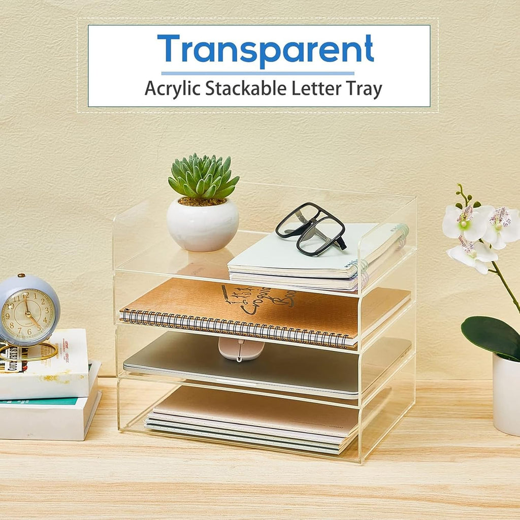 Harloon 4 Tier Paper Organizer Letter Tray Acrylic Desk File Organizer Heavy Duty Stackable Documents Clear Letter Paper Holder Sorter Office Tray for A4, Office Classroom Home File Pad Notebooks