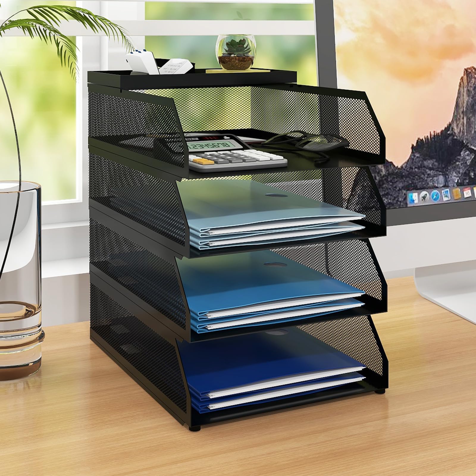 Natwind 4-Tier Stackable Paper Tray, Metal Mesh Desktop Organizer, Paper Sorter, Letter Trays,File Document Storage Rack for for Home, Office, School (White)