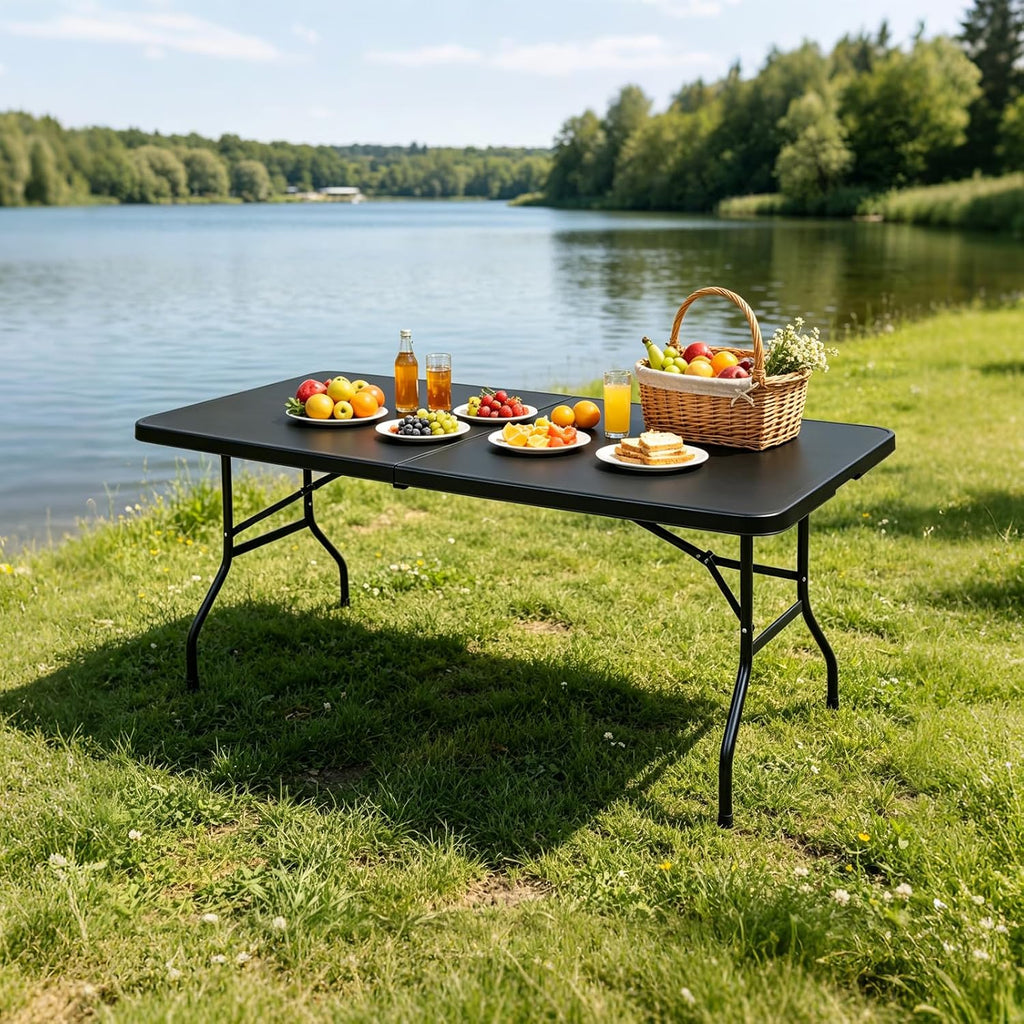 Portable Plastic Folding Table 4ft/6ft/8ft Heavy Duty White Black Picnic Dining Table Fold-in-Half for Camp Party Kitchen Indoor Outdoor