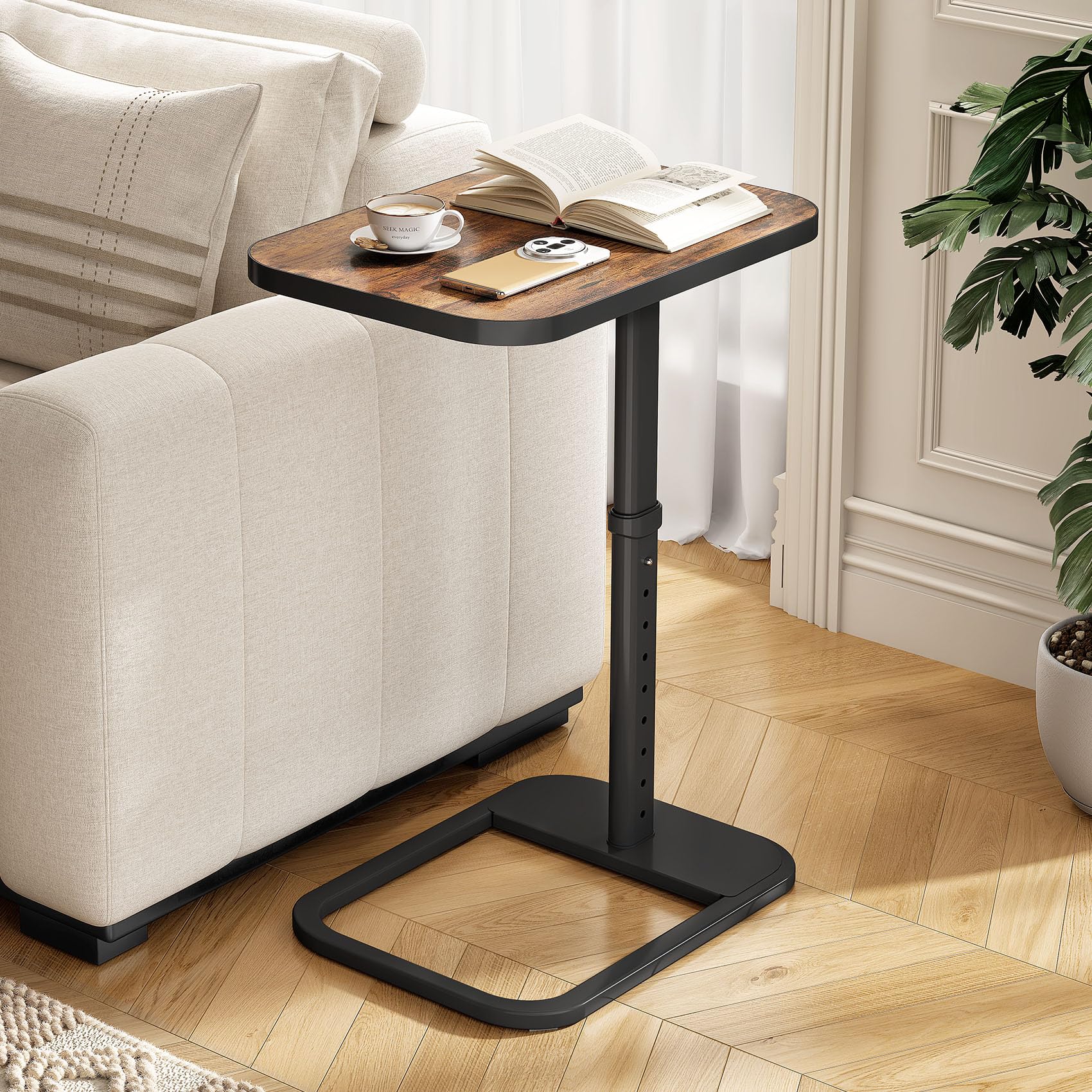Adjustable Flip-Top C-Shaped TV Tray Table with Safe Metal Corners, Sofa Bed Side Table for Laptops & Meals