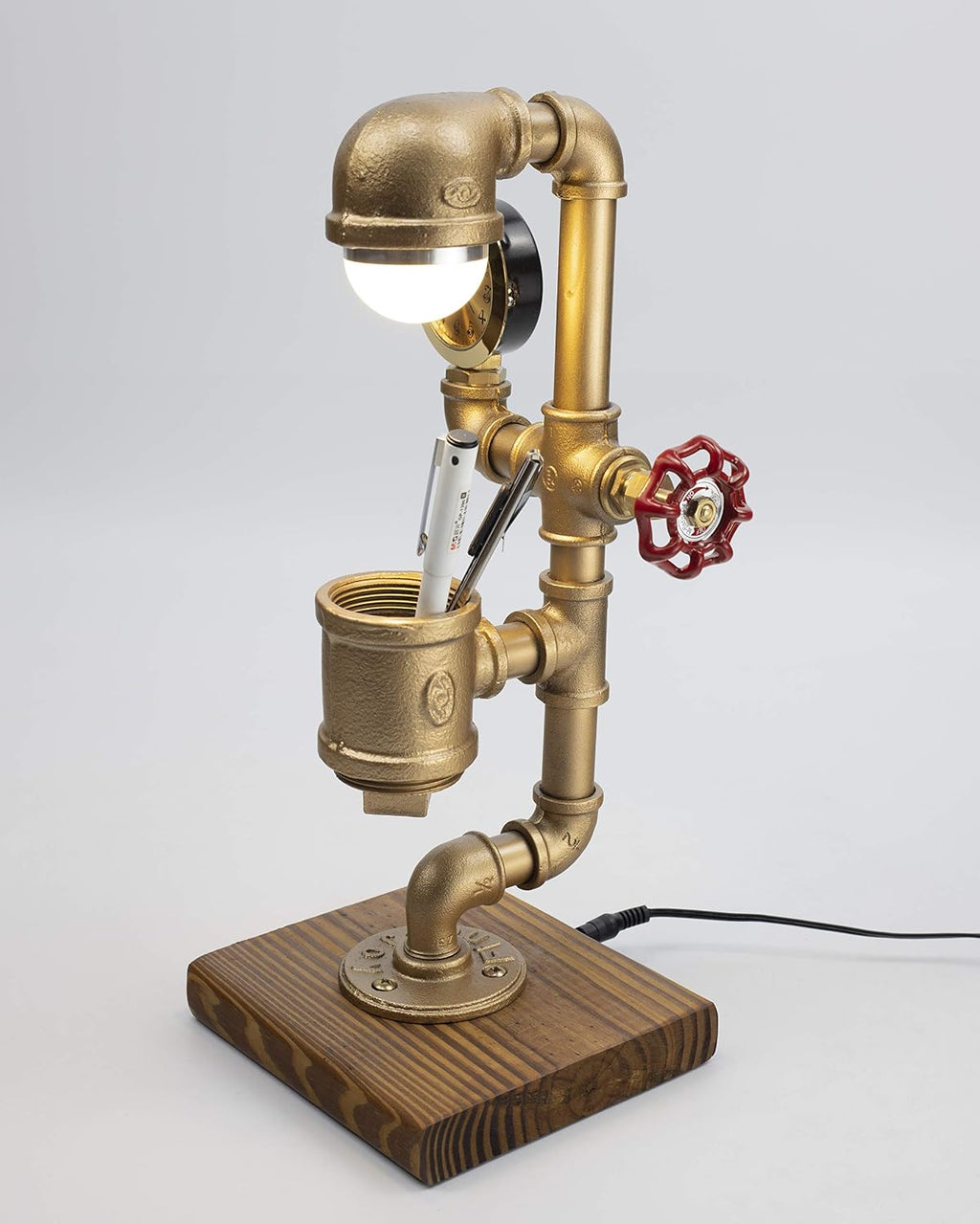 Industrial Steampunk LED Desk Lamp Kangaroo with Pen Holder Organizer, Wood Base with Iron Piping Loft Style Vintage Antique Light, Retro Desk Lamp