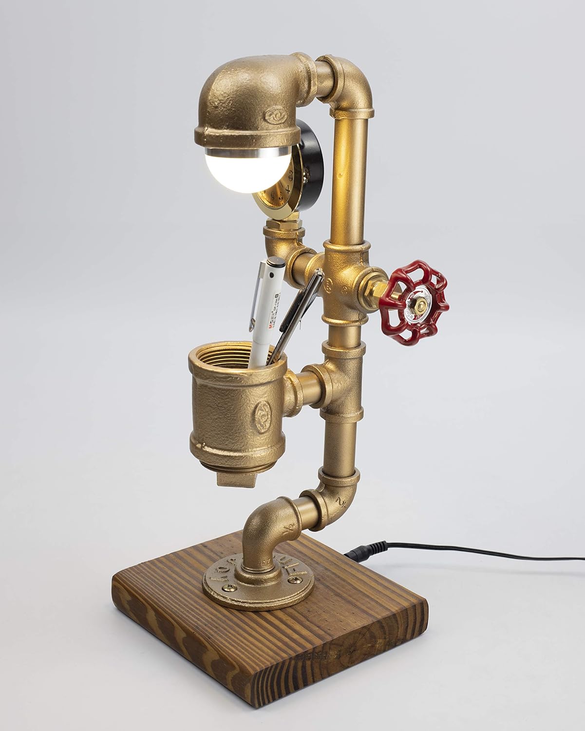 Industrial Steampunk LED Desk Lamp Kangaroo with Pen Holder Organizer, Wood Base with Iron Piping Loft Style Vintage Antique Light, Retro Desk Lamp