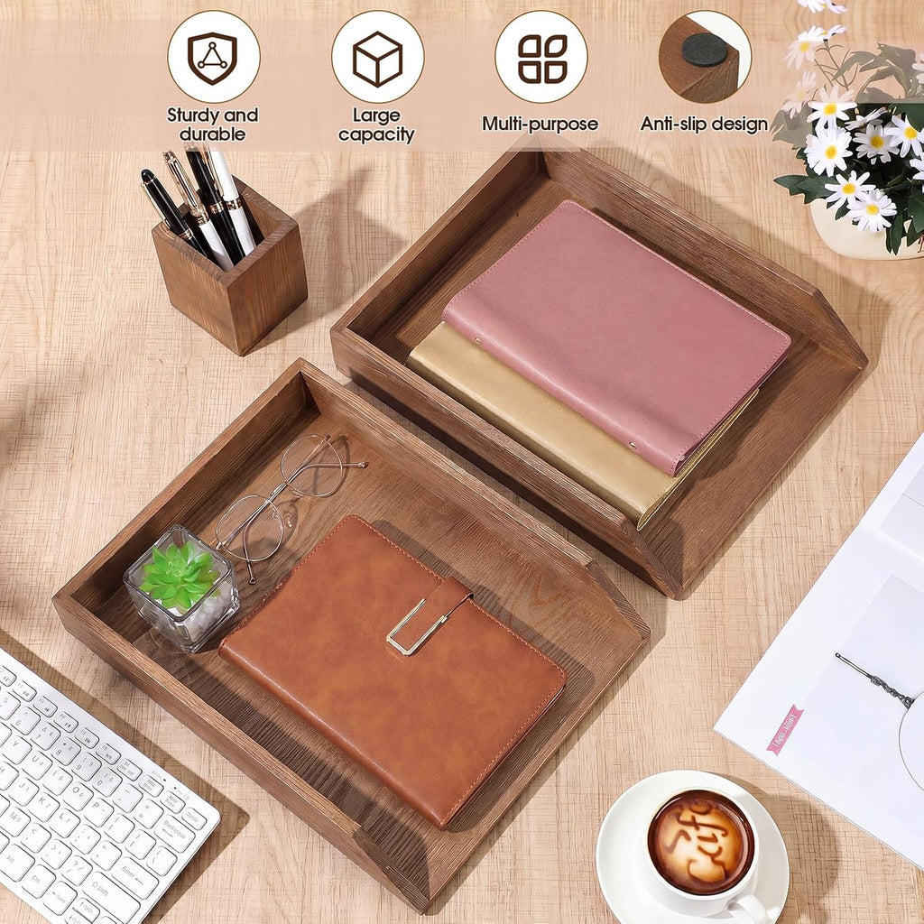 Nuanchu 2 Pcs Wooden Letter Trays with Pen Holder Wood Desk Organizer Set Heavy Duty 2 Tier Brown Stackable Supports Letter-Size Paper Tray Desktop Drawer Pen Magazine File Folder Office Accessories