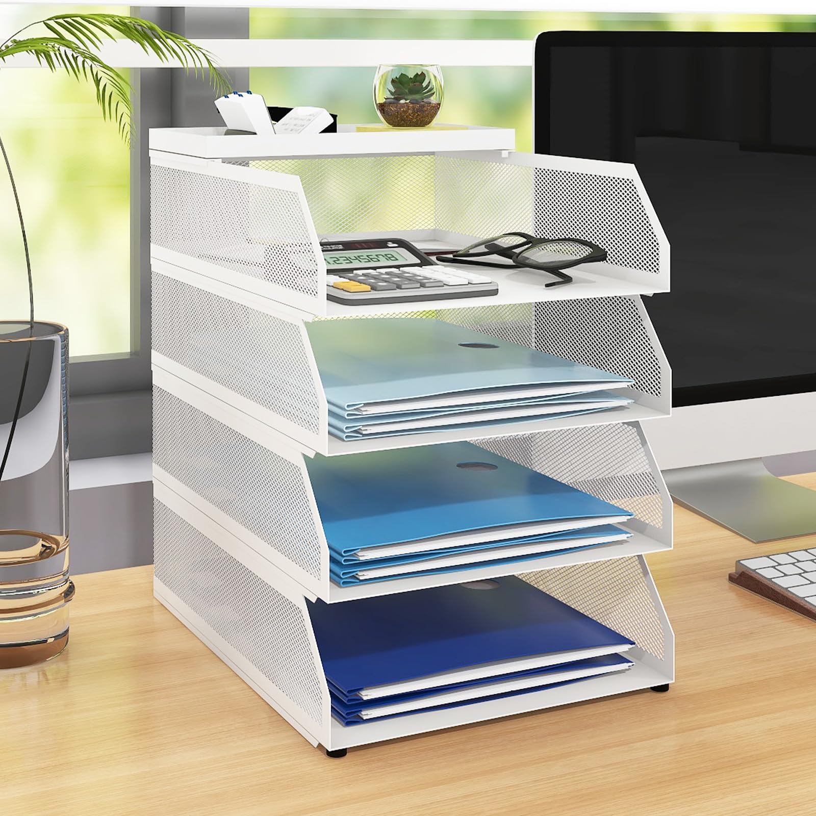 Natwind 4-Tier Paper Organizers,Desk Organizer,Stackable Paper Tray, Desk Accessories,Metal Mesh Desktop Organizer,Letter Trays,File Document Storage Rack for for Home, Office, School (Black)
