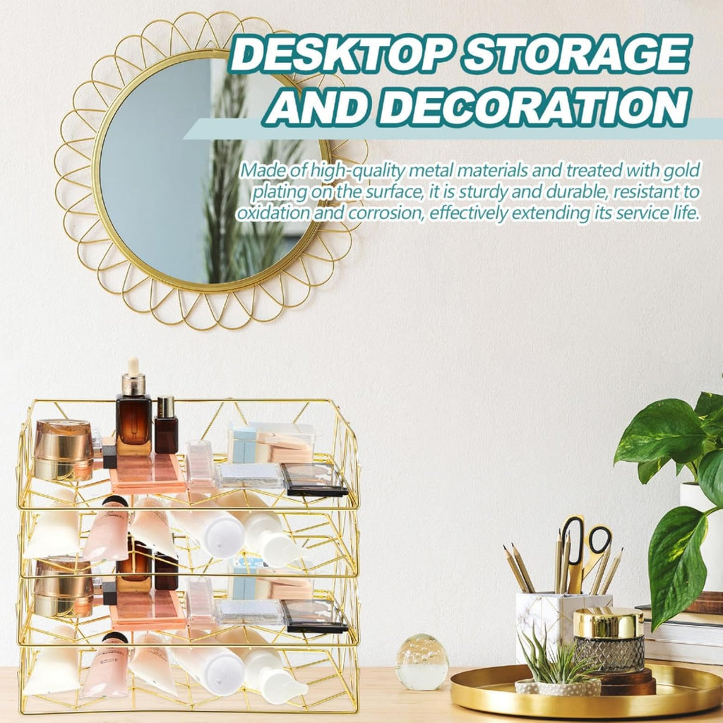 Yeaqee 4 Tier Stackable Gold Desk Organizer Paper Tray Rack Metal Letter Desk File Organizer Horizontal Holder File Trays for Office Desktop Supplies and Accessories