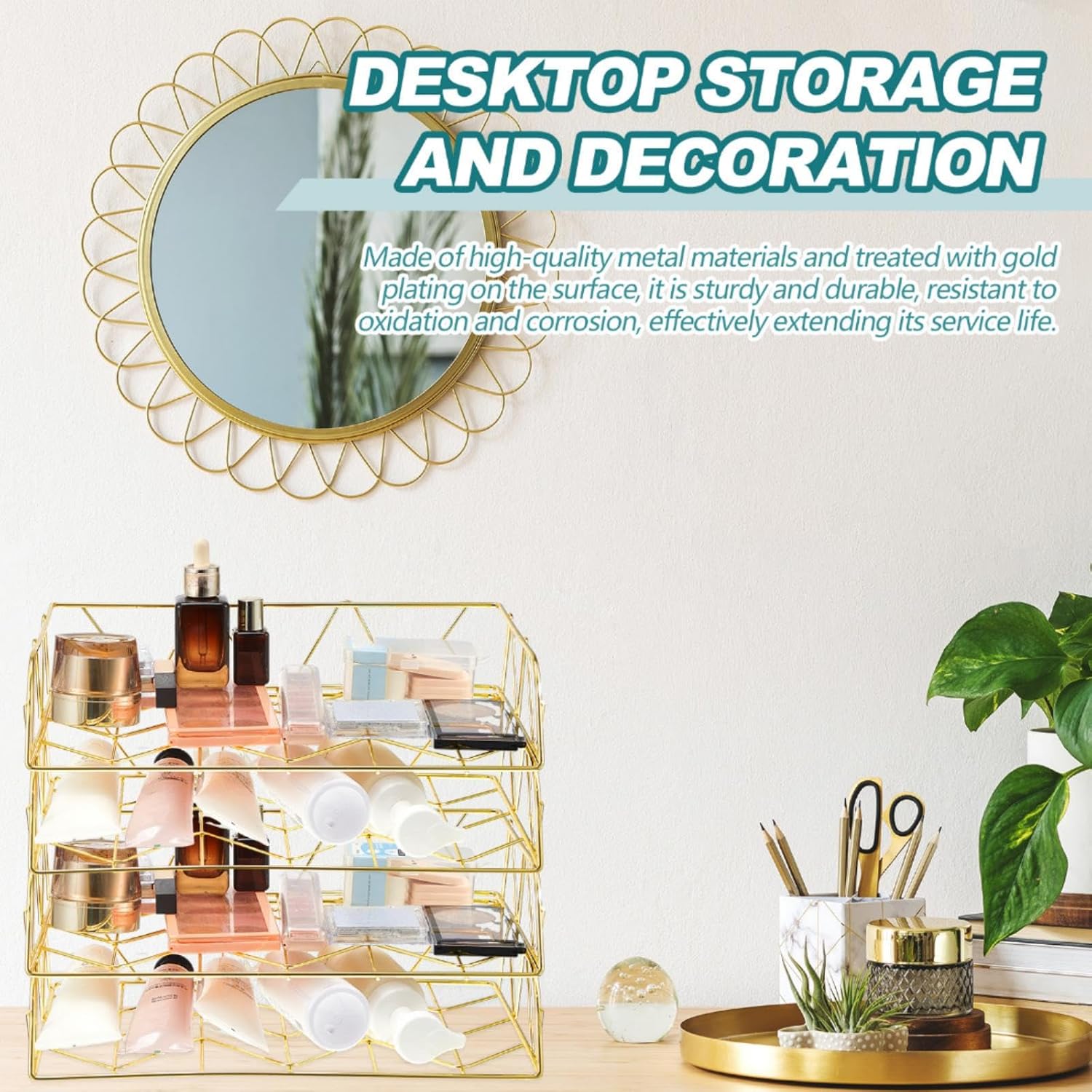 Yeaqee 4 Tier Stackable Gold Desk Organizer Paper Tray Rack Metal Letter Desk File Organizer Horizontal Holder File Trays for Office Desktop Supplies and Accessories
