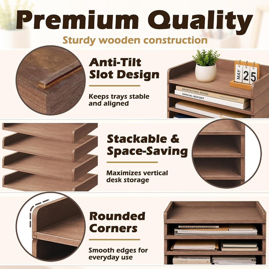 PROLEE 4 Pack Stackable Paper Tray, Wooden Paper Tray Organizer with Letter Tray, Paper Holder for Desk, Desktop File Storage Rack for Study, Home and Office (Walnut)