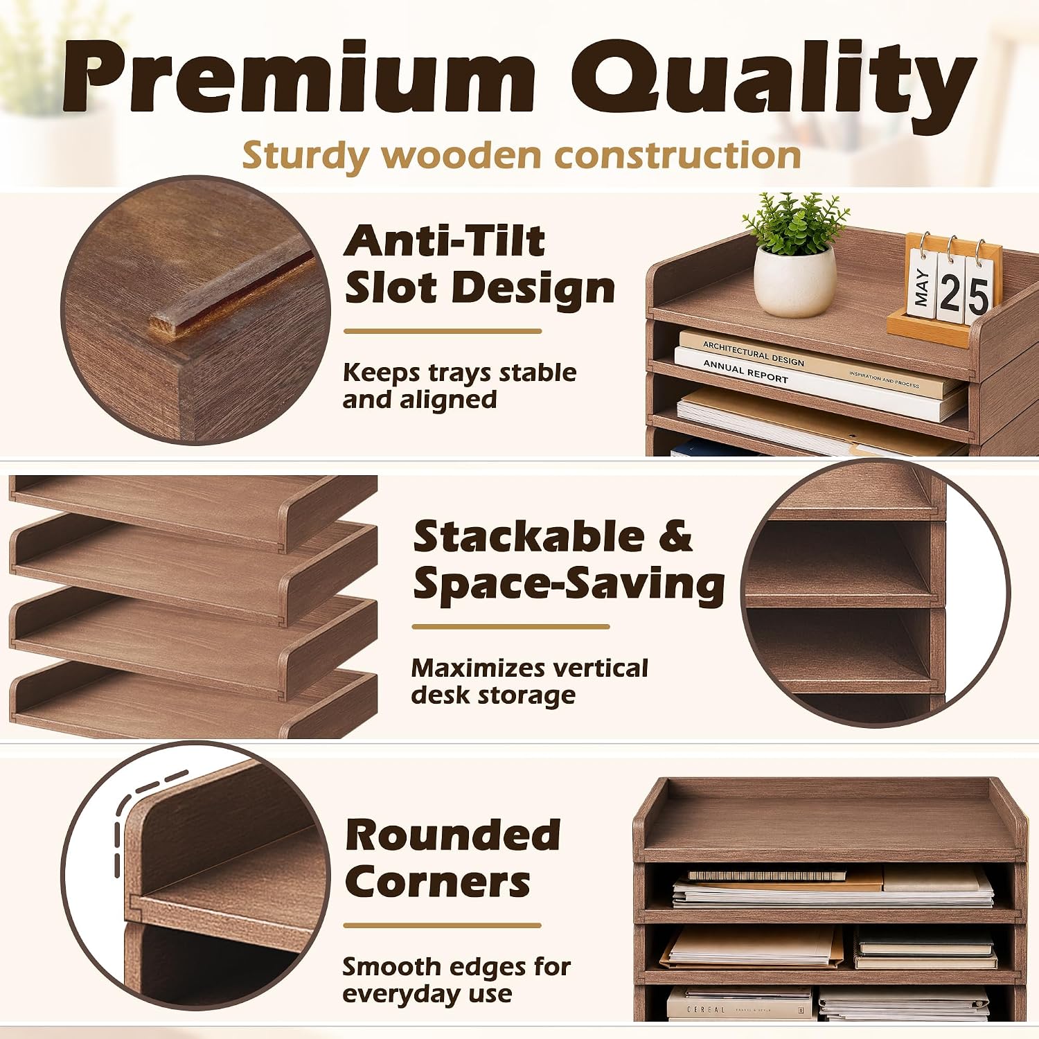 PROLEE 4 Pack Stackable Paper Tray, Wooden Paper Tray Organizer with Letter Tray, Paper Holder for Desk, Desktop File Storage Rack for Study, Home and Office (Walnut)