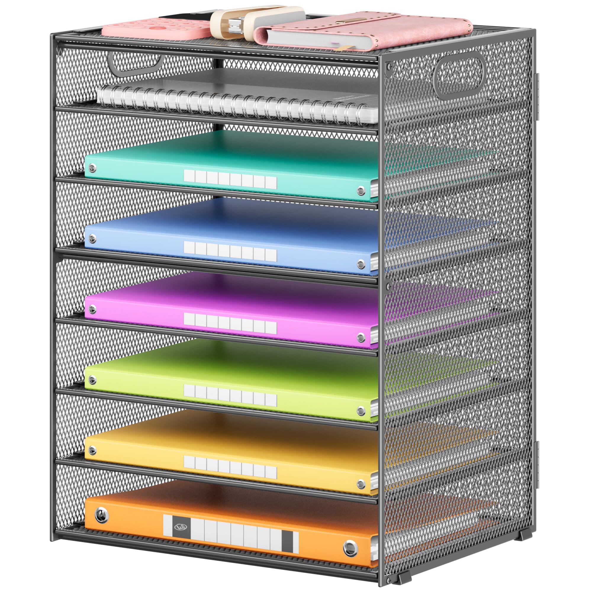Lavatino 2 Pack 8-Tier Office Desk File Organizer, Letter Tray Paper Organizer with Handle, Including 5 Adjustable Slide Trays for Organizing Desk Workspace Accessories and Supplies (Pink Mesh)