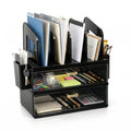 CiWiVOKi Desk Organizer with 2 Vertical File Holder, 4 Tier Stackable Paper Letter Tray File Organizer with 5-Compartments Pen Holder, Clear Desktop Organizer Office Organization and Storage