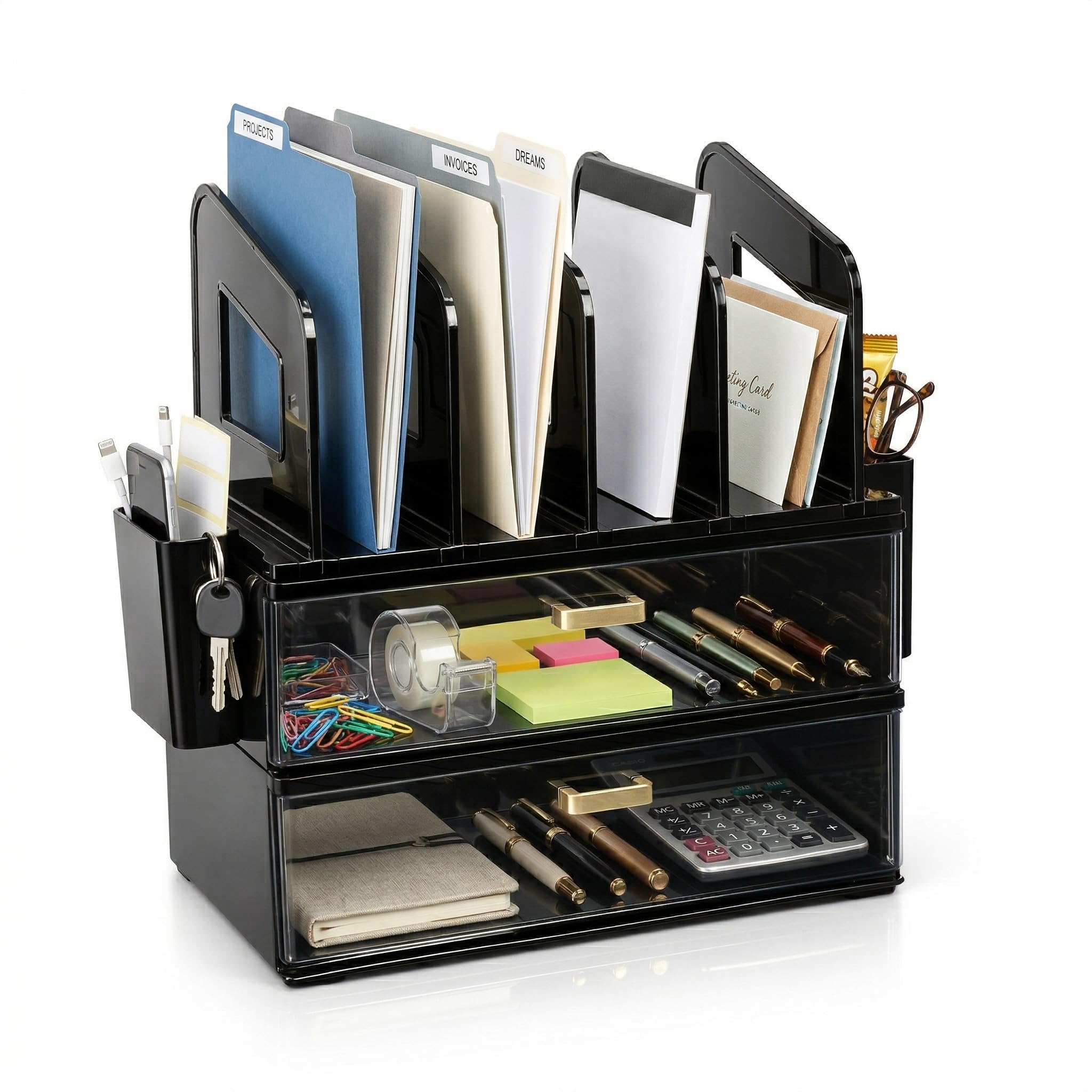 CiWiVOKi Desk Organizer with 2 Vertical File Holder, 4 Tier Stackable Paper Letter Tray File Organizer with 5-Compartments Pen Holder, Clear Desktop Organizer Office Organization and Storage