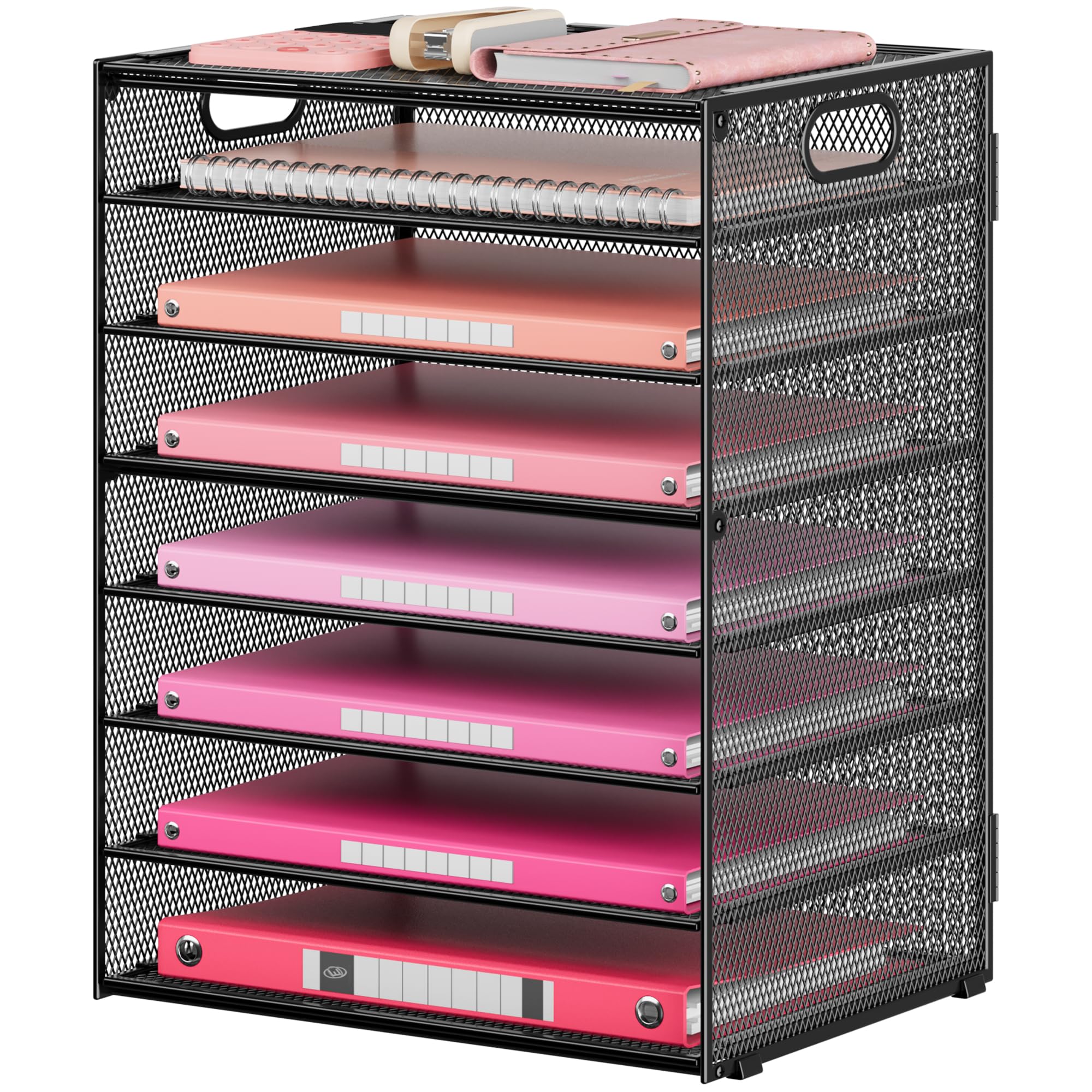 Lavatino 2 Pack 8-Tier Office Desk File Organizer, Letter Tray Paper Organizer with Handle, Including 5 Adjustable Slide Trays for Organizing Desk Workspace Accessories and Supplies (Pink Mesh)