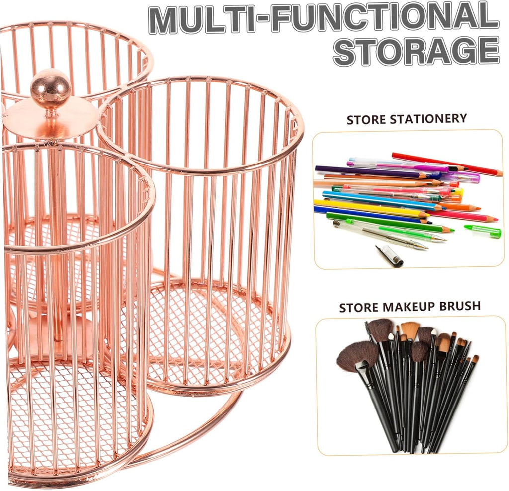 TEHAUX Rotary Desk Stationery Organizer Metal Makeup Brush Pen Pencil Holder Office Desk Stationery Storage
