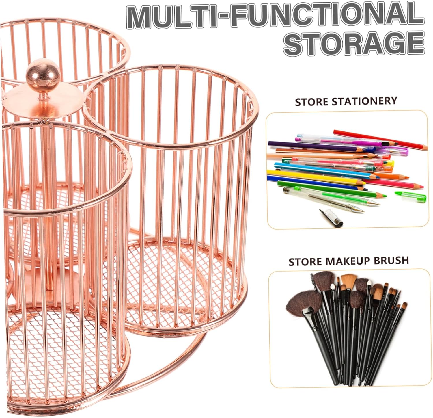 TEHAUX Rotary Desk Stationery Organizer Metal Makeup Brush Pen Pencil Holder Office Desk Stationery Storage