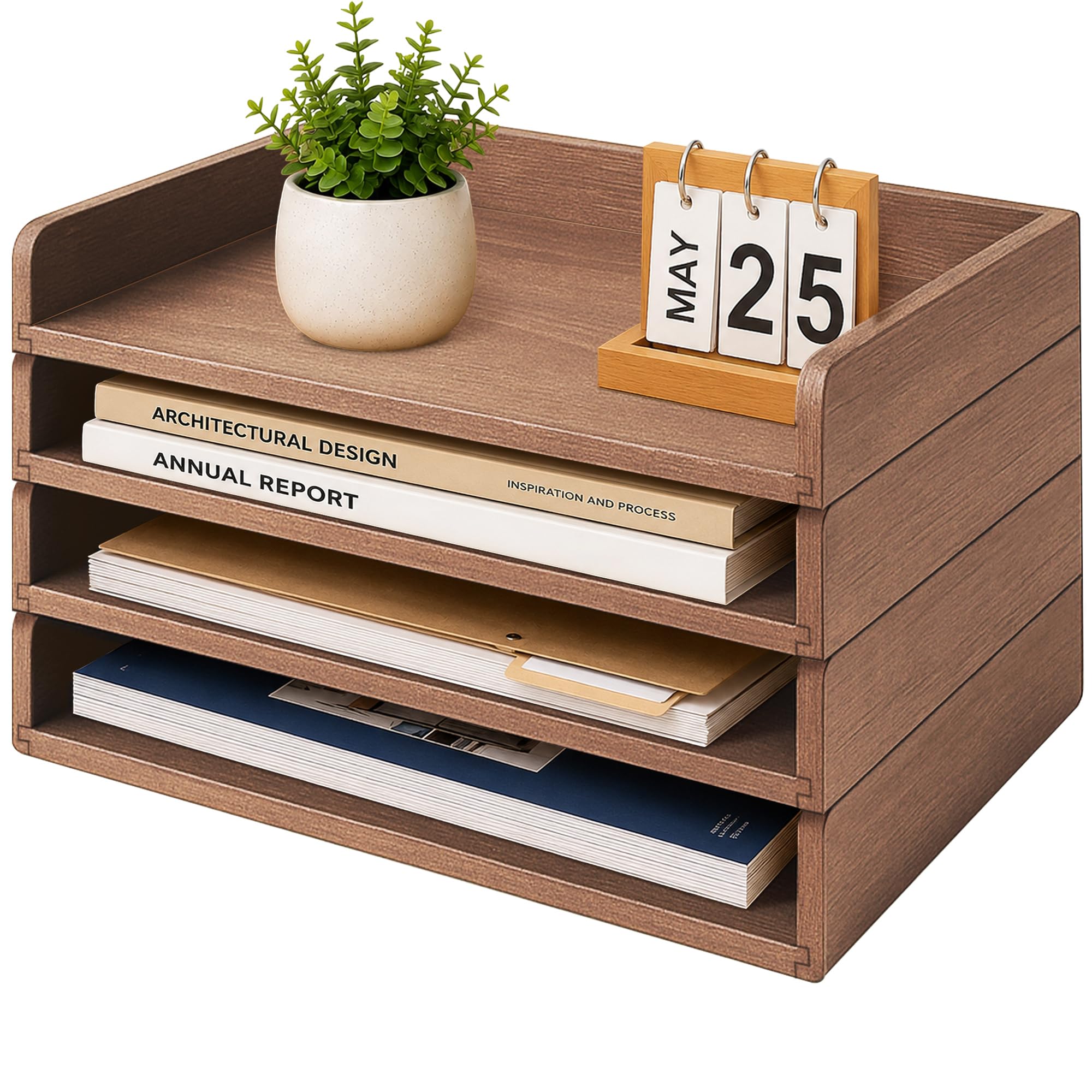PROLEE 4 Pack Stackable Paper Tray, Wooden Paper Tray Organizer with Letter Tray, Paper Holder for Desk, Desktop File Storage Rack for Study, Home and Office (Walnut)