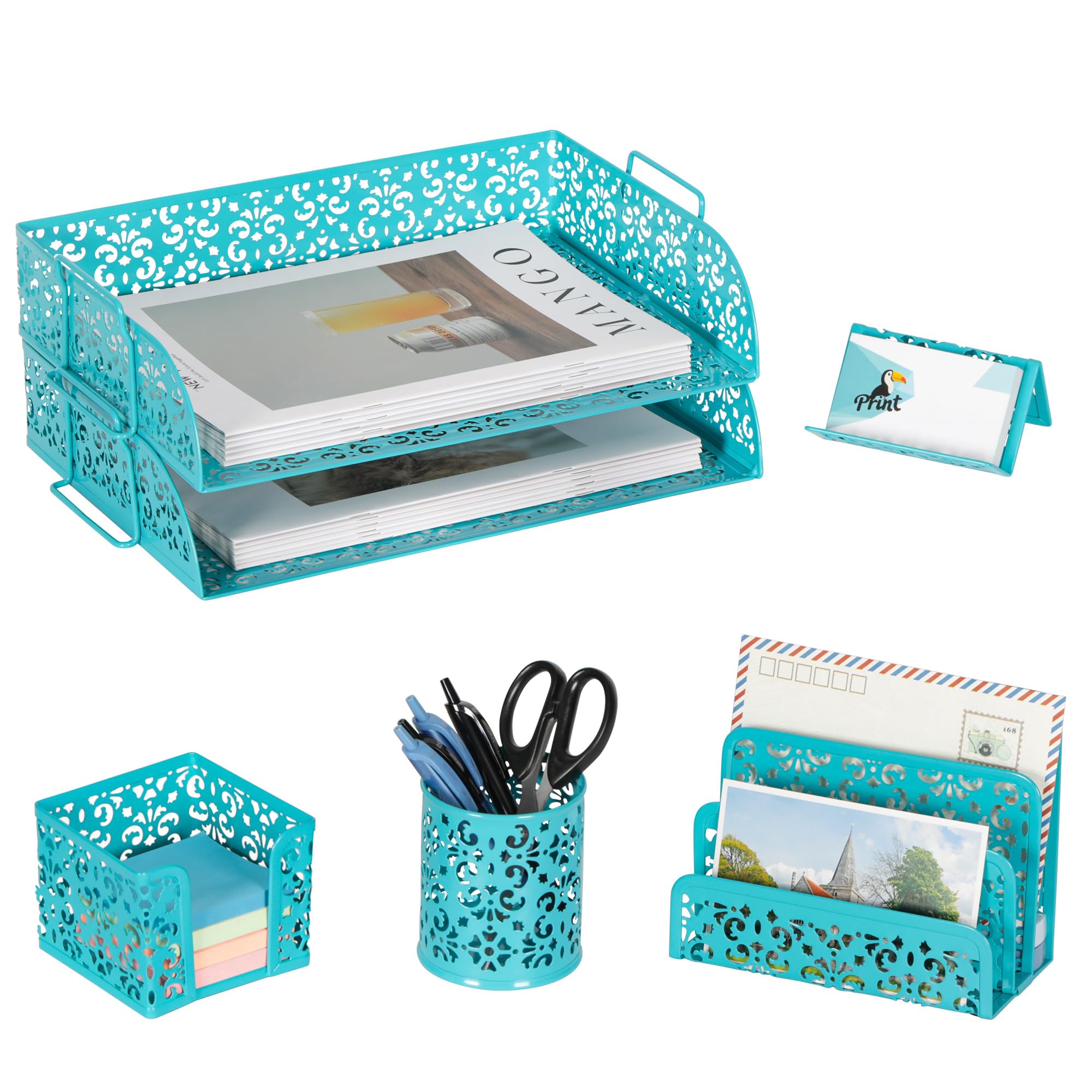 EasyPAG Desk Organizers and Accessories 5 Pieces Office Supplies Set - 2 Tier Paper Tray, Pencil Organizer for Desk, Mail Sorter Countertop, Business Card Holder and Sticky Note Holder, Black