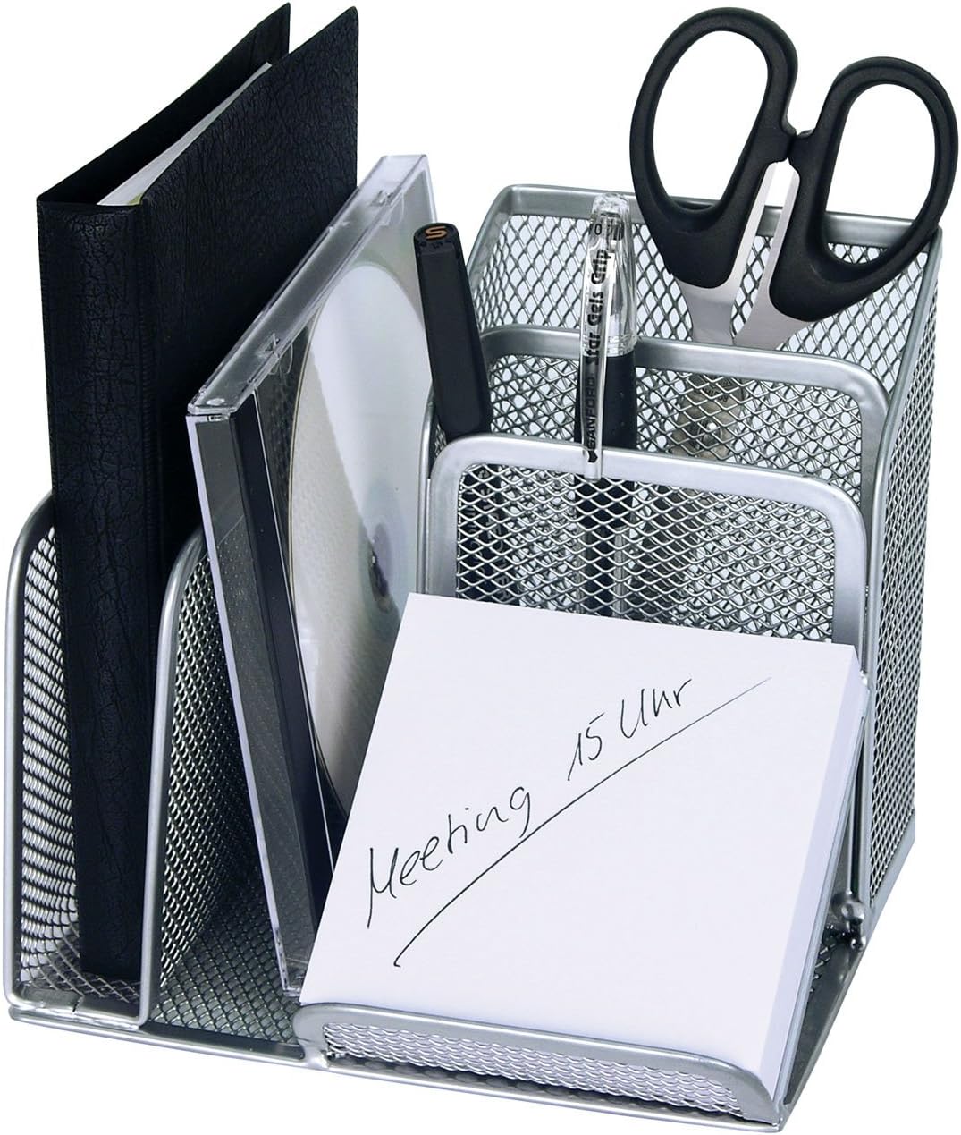 WEDO Butler Office 65554 Pen Holder 4 Compartments and Slant Tray Wire Metal Silver