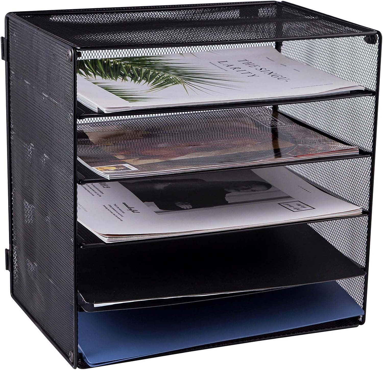 EASEPRES 5 Slot Mesh Desk Organizer Tray, File Paper Letter Folder Holder Desktop Paper Sorter Mail Organization Rack Storage Accessories, for Office Home School Classroom, Black, 2 Pack