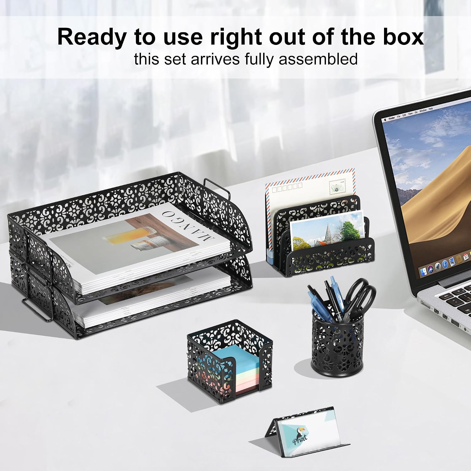 EasyPAG Desk Organizers and Accessories 5 Pieces Office Supplies Set - 2 Tier Paper Tray, Pencil Organizer for Desk, Mail Sorter Countertop, Business Card Holder and Sticky Note Holder, Black