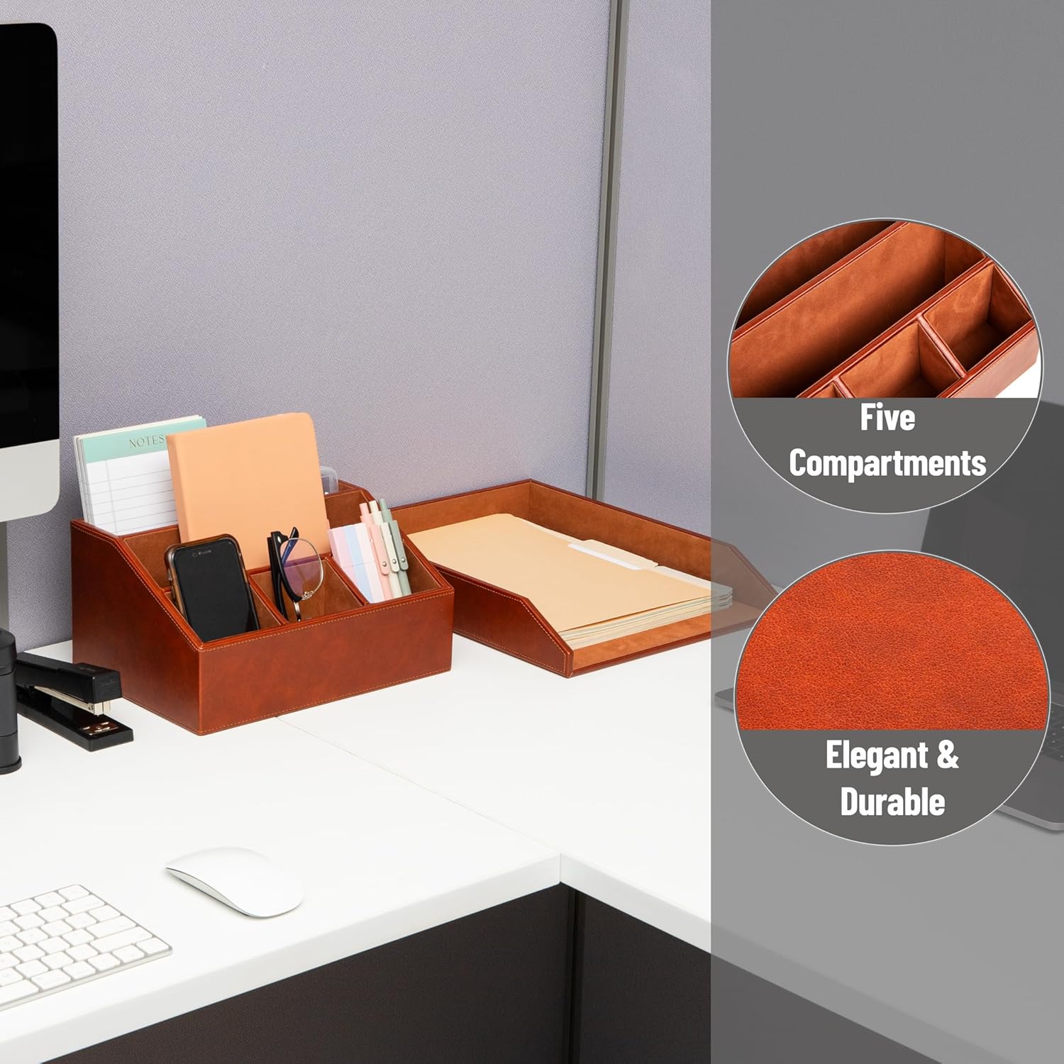 Mind Reader PU Leather Desk Organizer and Letter Tray Set, Stackable Paper Tray, Pen Cup and Card Holder, Brown